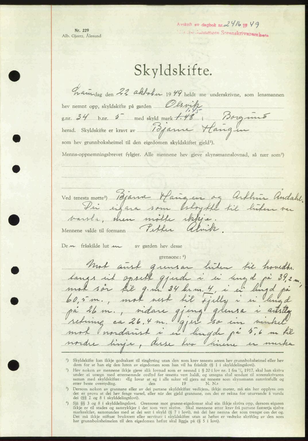 Nordre Sunnmøre sorenskriveri, AV/SAT-A-0006/1/2/2C/2Ca: Mortgage book no. A32, 1949-1949, Diary no: : 2416/1949