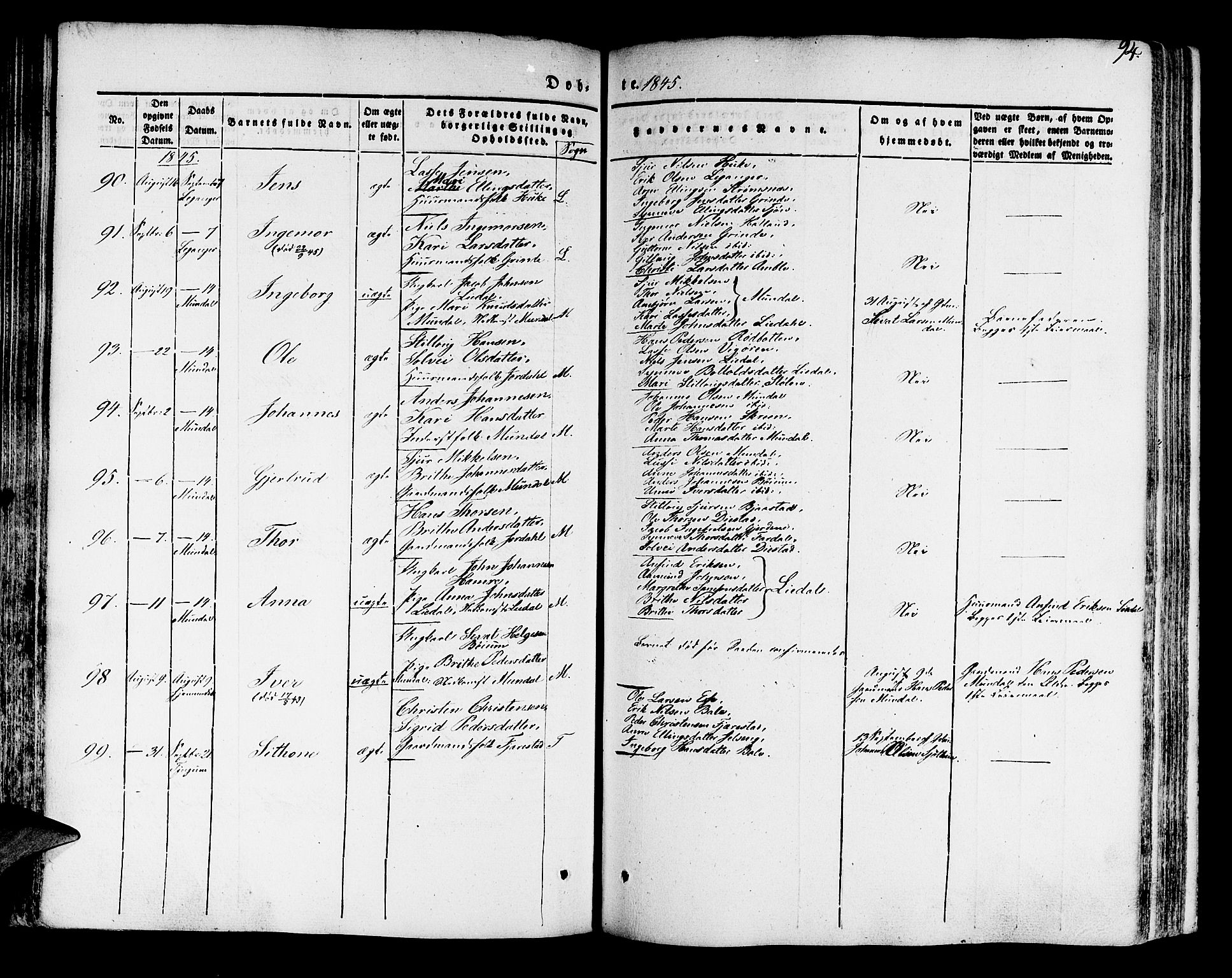 Leikanger sokneprestembete, AV/SAB-A-81001/H/Haa/Haaa/L0007: Parish register (official) no. A 7, 1838-1851, p. 94