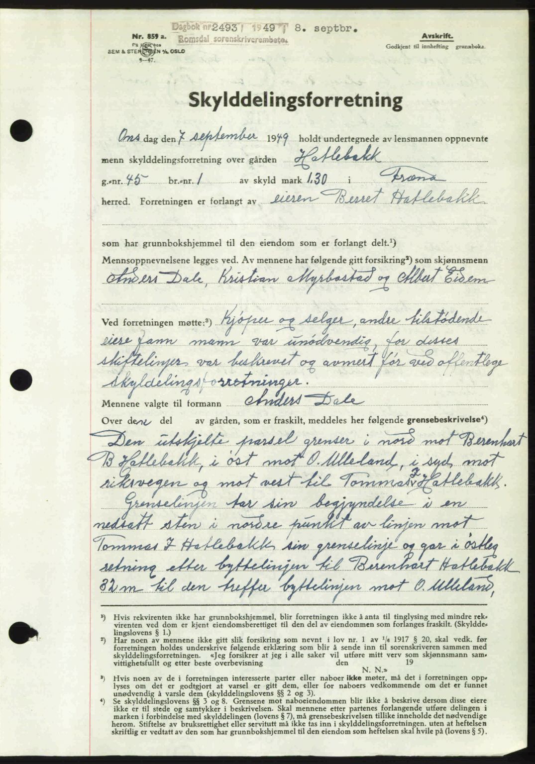 Romsdal sorenskriveri, AV/SAT-A-4149/1/2/2C: Mortgage book no. A30, 1949-1949, Diary no: : 2493/1949