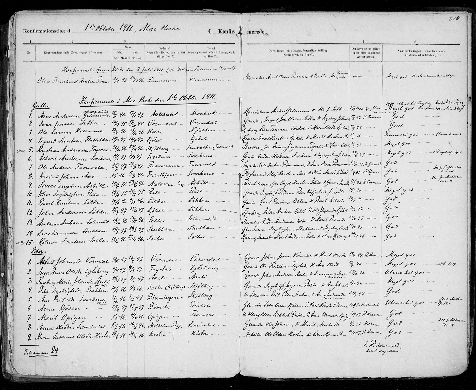 Ministerialprotokoller, klokkerbøker og fødselsregistre - Sør-Trøndelag, SAT/A-1456/668/L0811: Parish register (official) no. 668A11, 1894-1913, p. 316