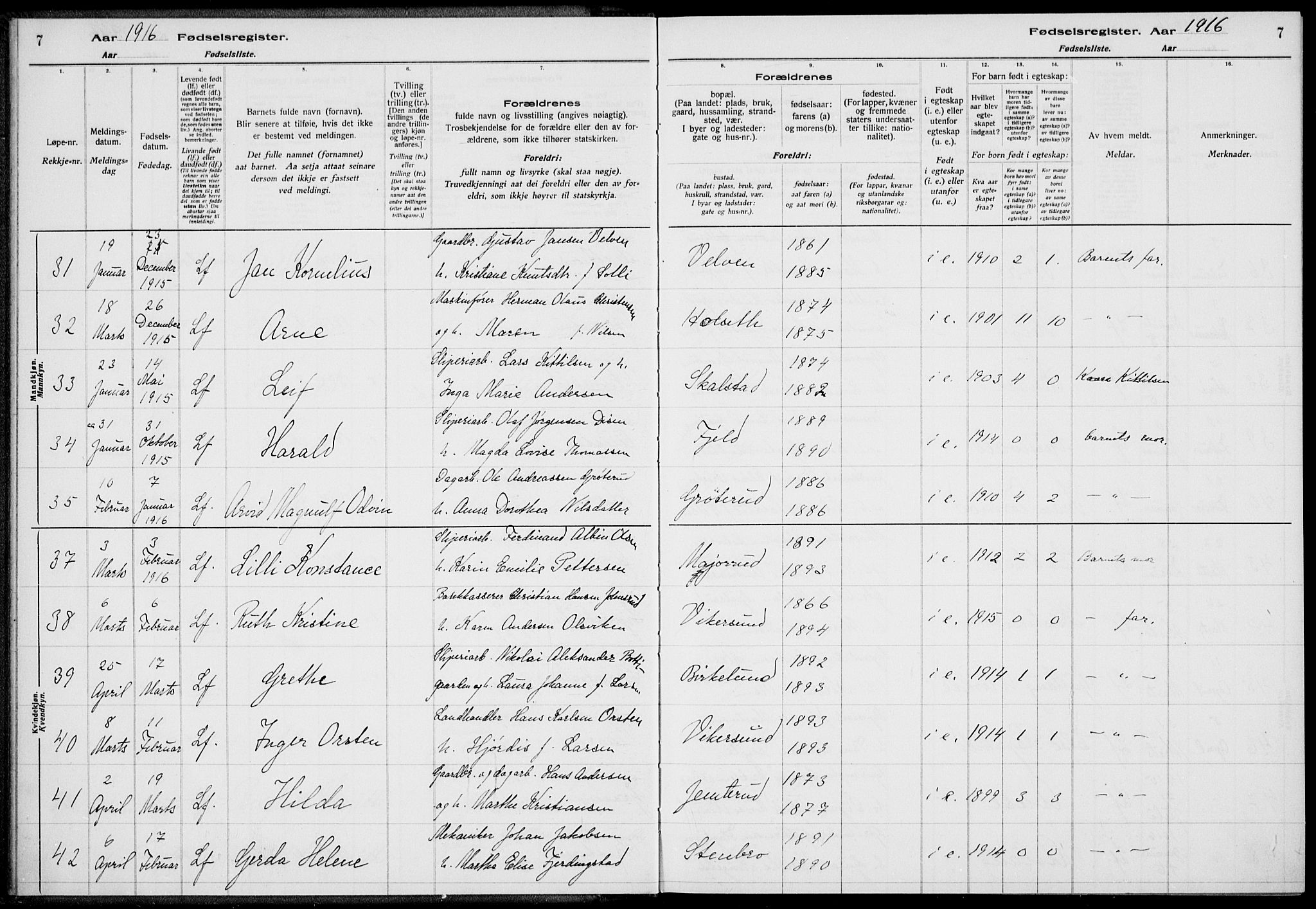 Modum kirkebøker, AV/SAKO-A-234/J/Ja/L0001: Birth register no. I 1, 1916-1923, p. 7