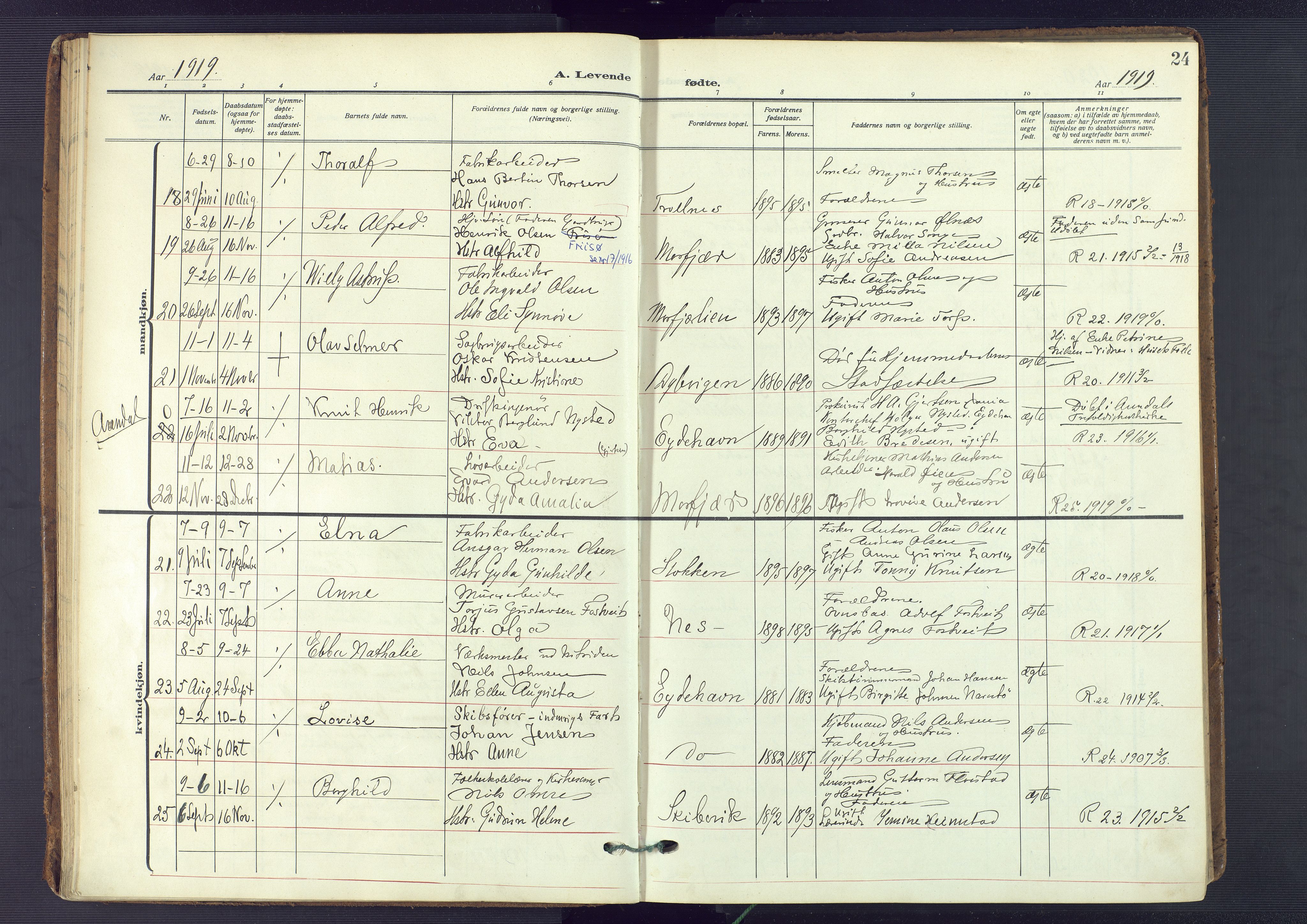 Austre Moland sokneprestkontor, SAK/1111-0001/F/Fa/Fab/L0003: Parish register (official) no. A 3, 1914-1927, p. 24