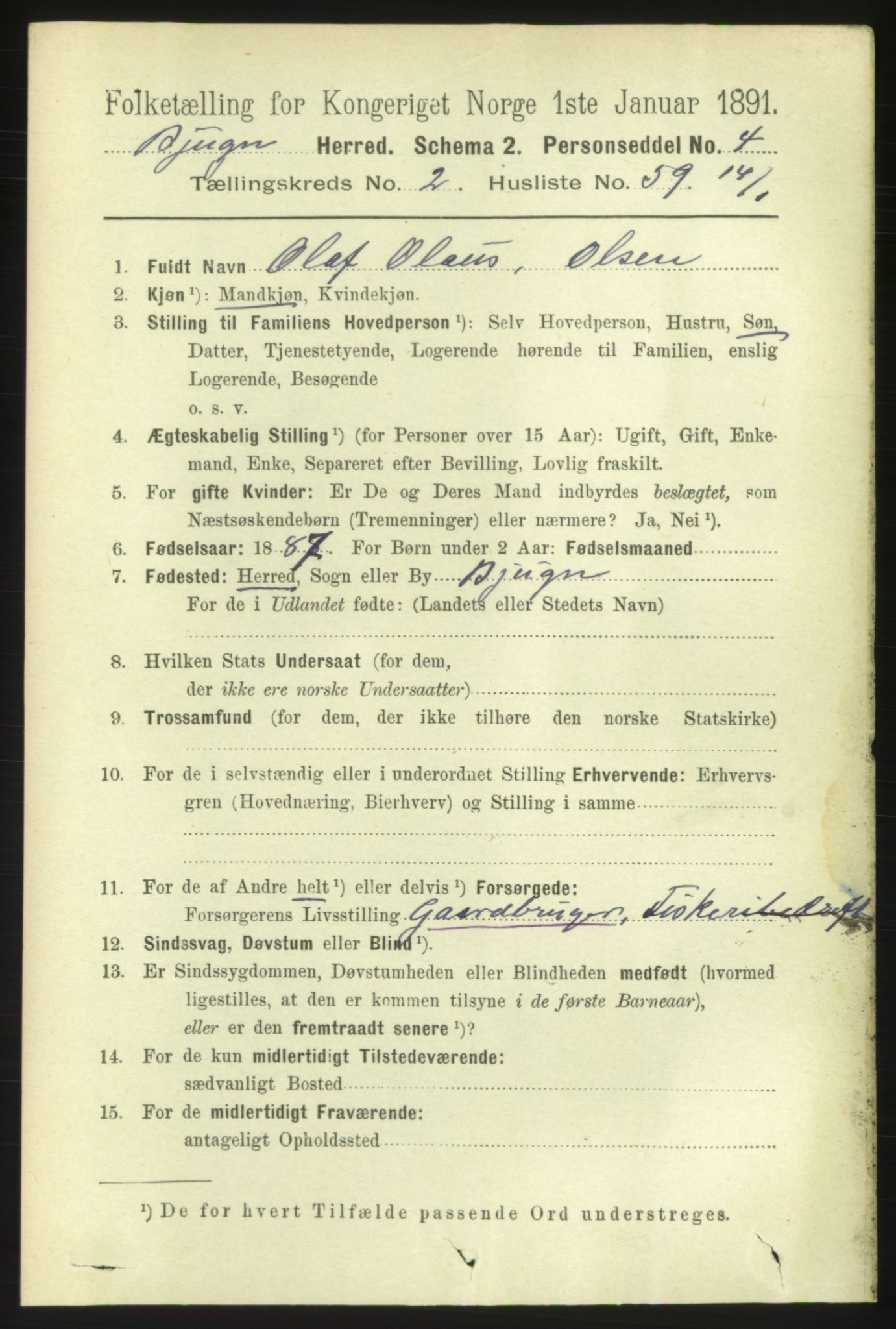 RA, 1891 census for 1627 Bjugn, 1891, p. 582