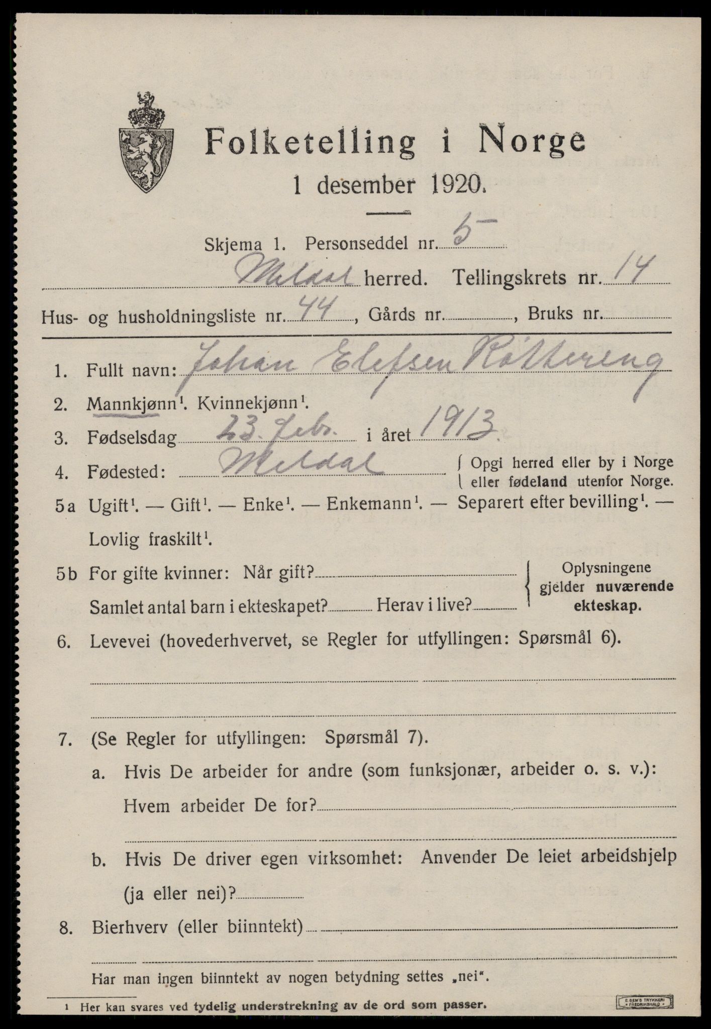 SAT, 1920 census for Meldal, 1920, p. 10467