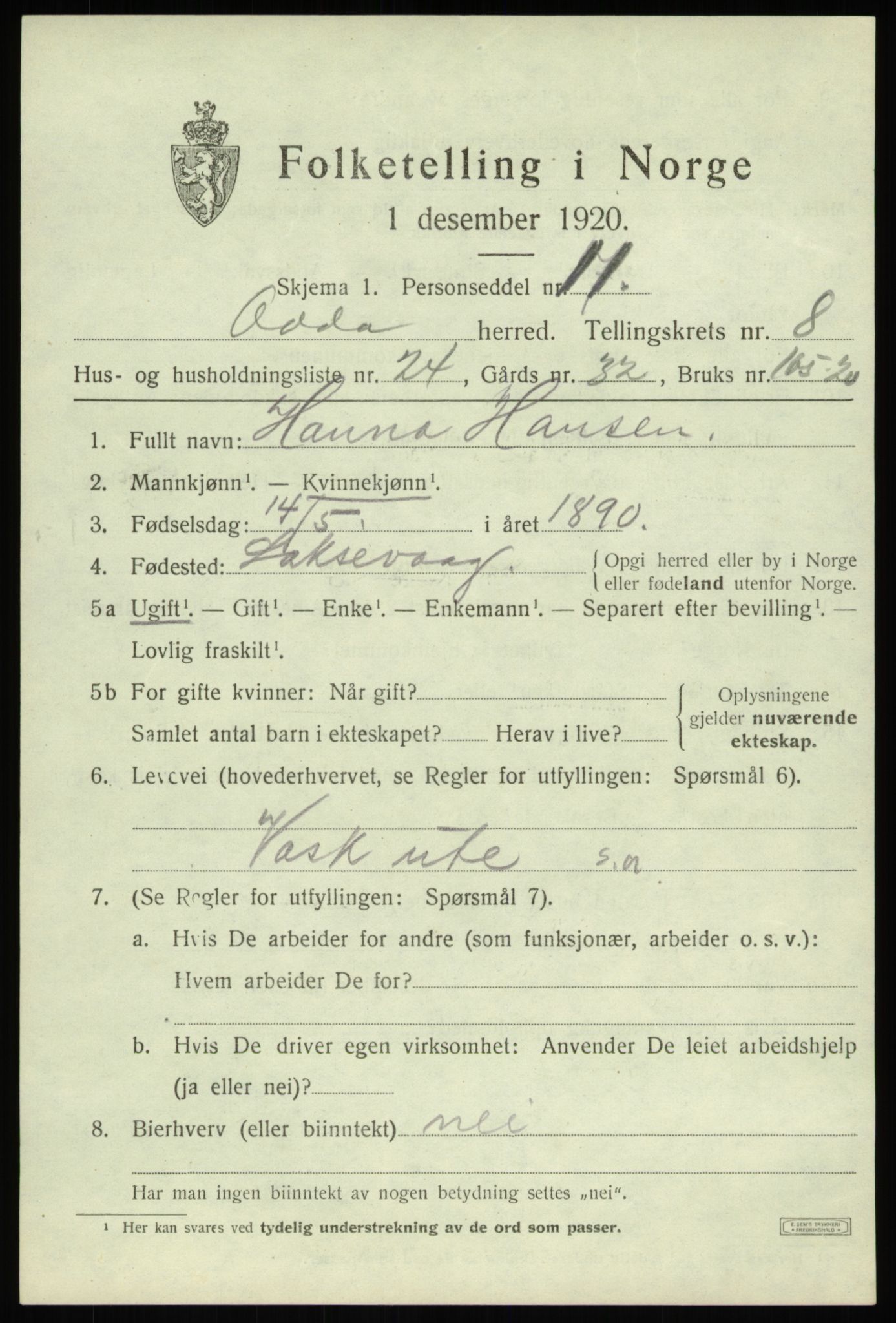 SAB, 1920 census for Odda, 1920, p. 7283