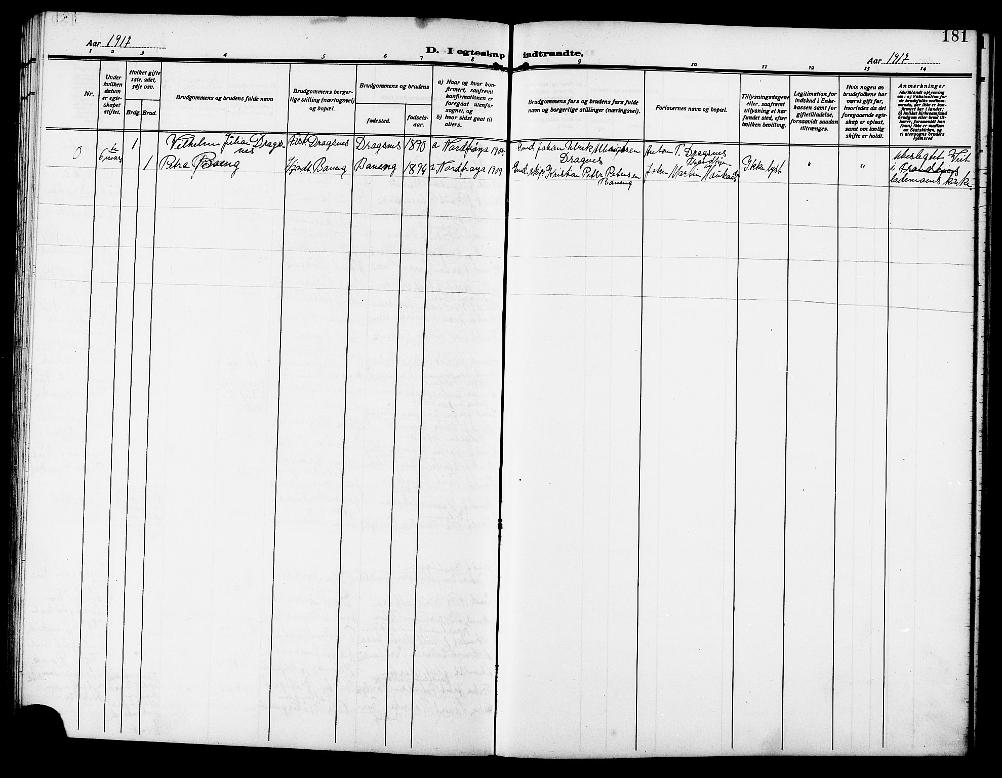 Ministerialprotokoller, klokkerbøker og fødselsregistre - Sør-Trøndelag, SAT/A-1456/640/L0588: Parish register (copy) no. 640C05, 1909-1922, p. 181
