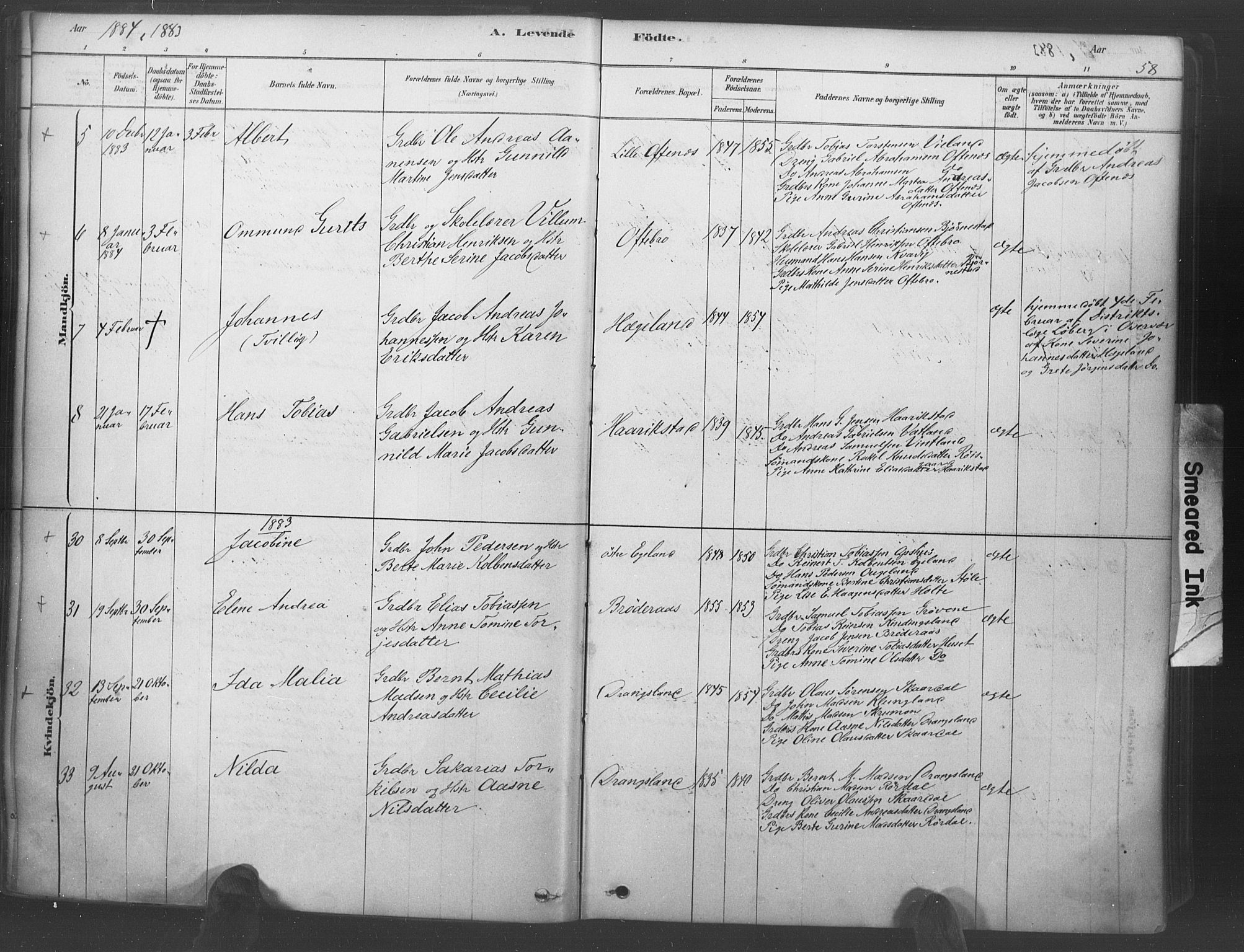 Lyngdal sokneprestkontor, AV/SAK-1111-0029/F/Fa/Fac/L0011: Parish register (official) no. A 11, 1878-1893, p. 58