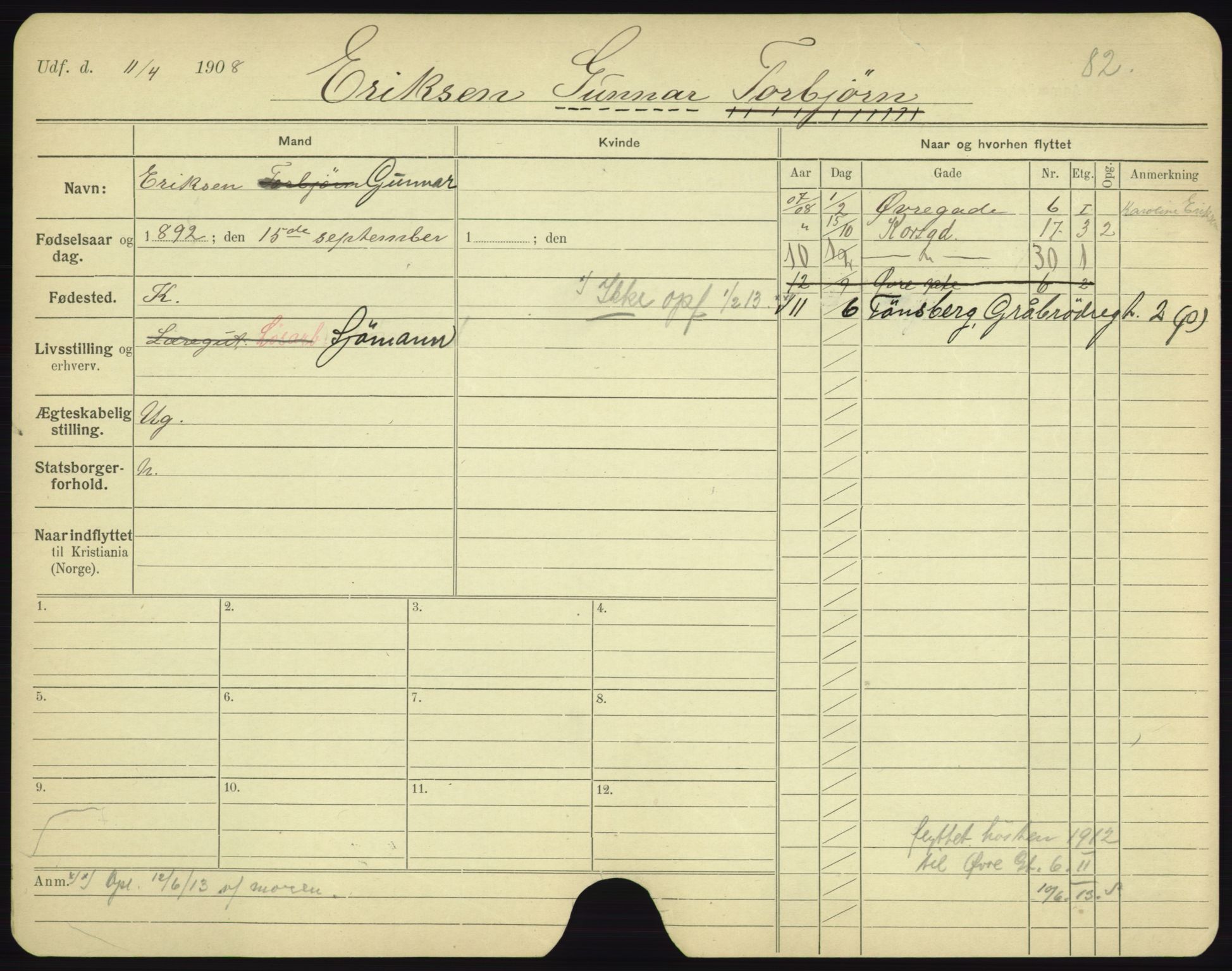 Oslo folkeregister, Registerkort, AV/SAO-A-11715/F/Fa/Fac/L0002: Menn, 1906-1914, p. 1078a