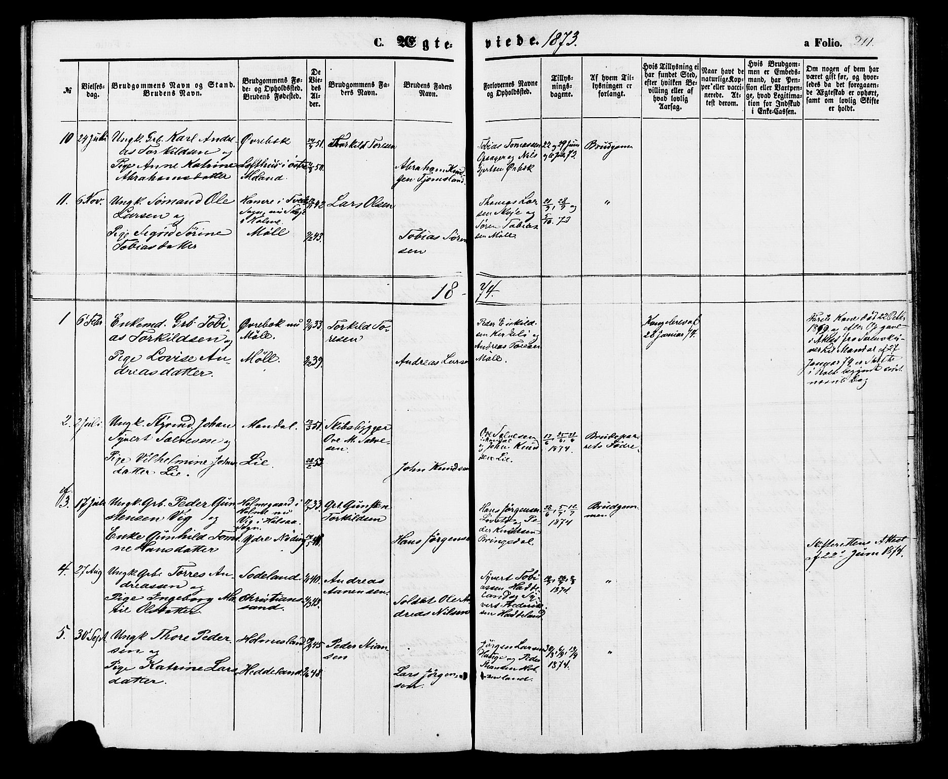 Holum sokneprestkontor, AV/SAK-1111-0022/F/Fa/Faa/L0006: Parish register (official) no. A 6, 1865-1883, p. 211