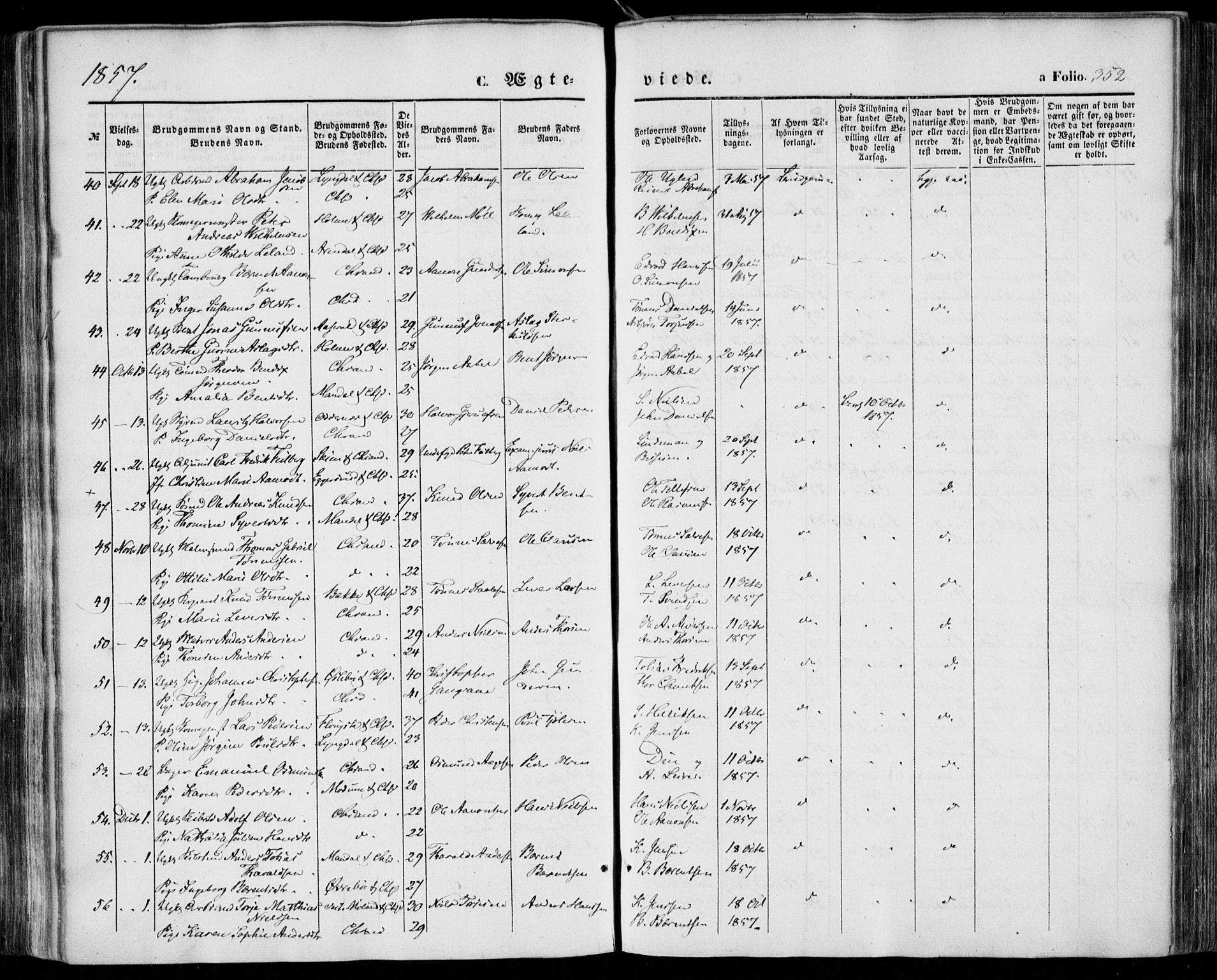 Kristiansand domprosti, SAK/1112-0006/F/Fa/L0014: Parish register (official) no. A 14, 1852-1867, p. 352