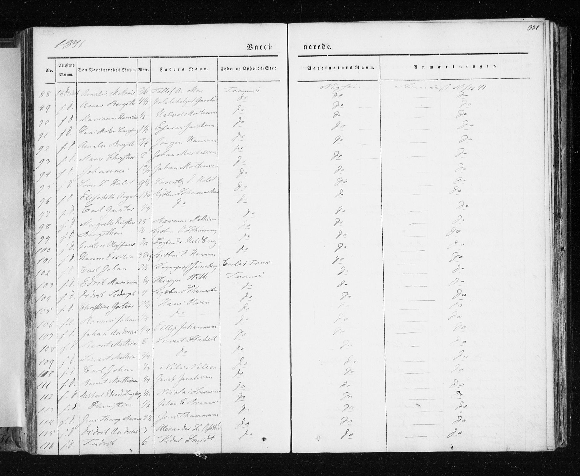 Tromsø sokneprestkontor/stiftsprosti/domprosti, AV/SATØ-S-1343/G/Ga/L0009kirke: Parish register (official) no. 9, 1837-1847, p. 331