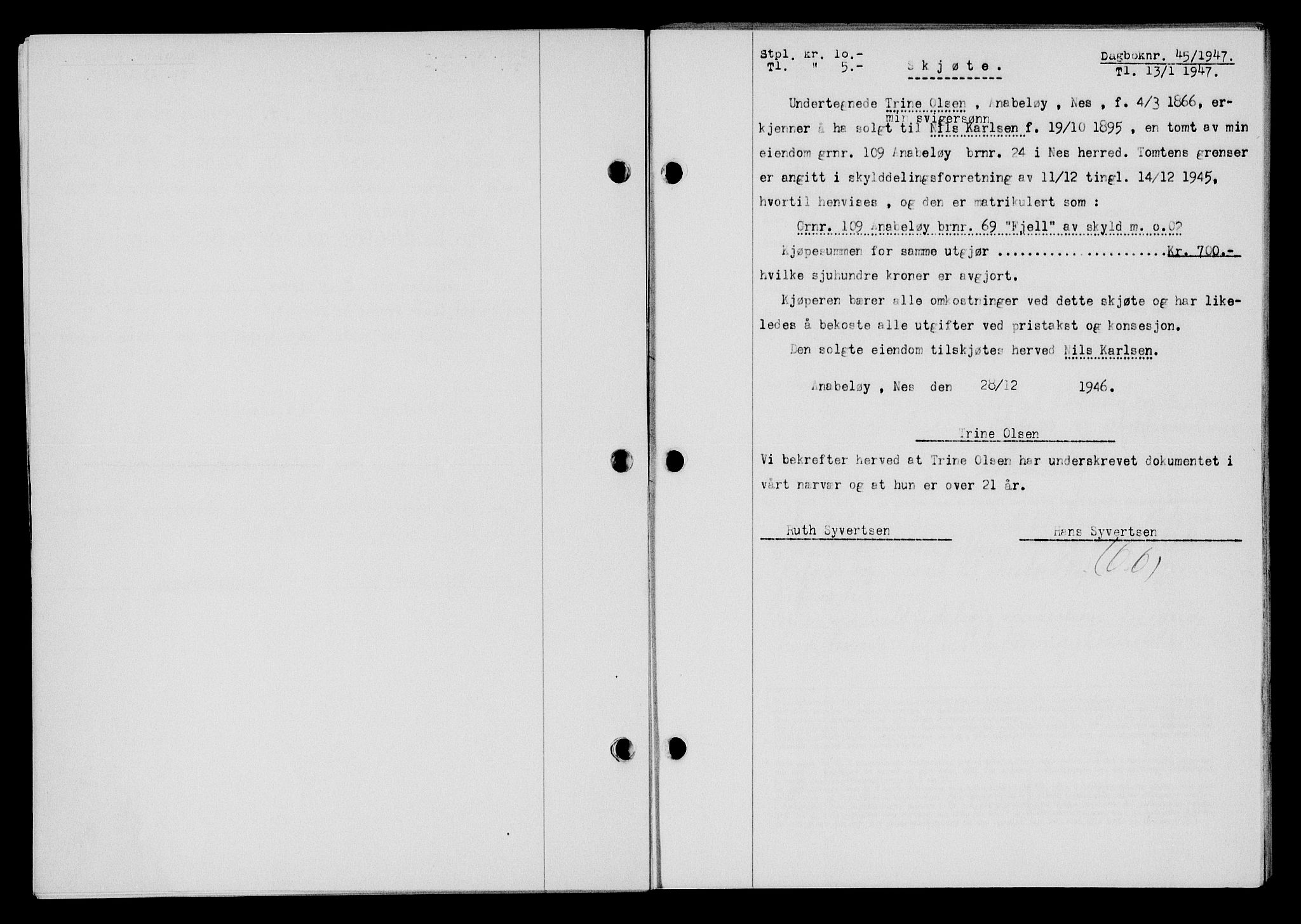 Flekkefjord sorenskriveri, SAK/1221-0001/G/Gb/Gba/L0061: Mortgage book no. A-9, 1946-1947, Diary no: : 45/1947