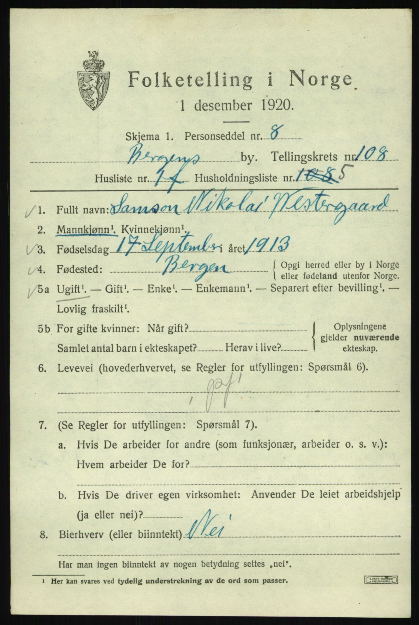 SAB, 1920 census for Bergen, 1920, p. 186715