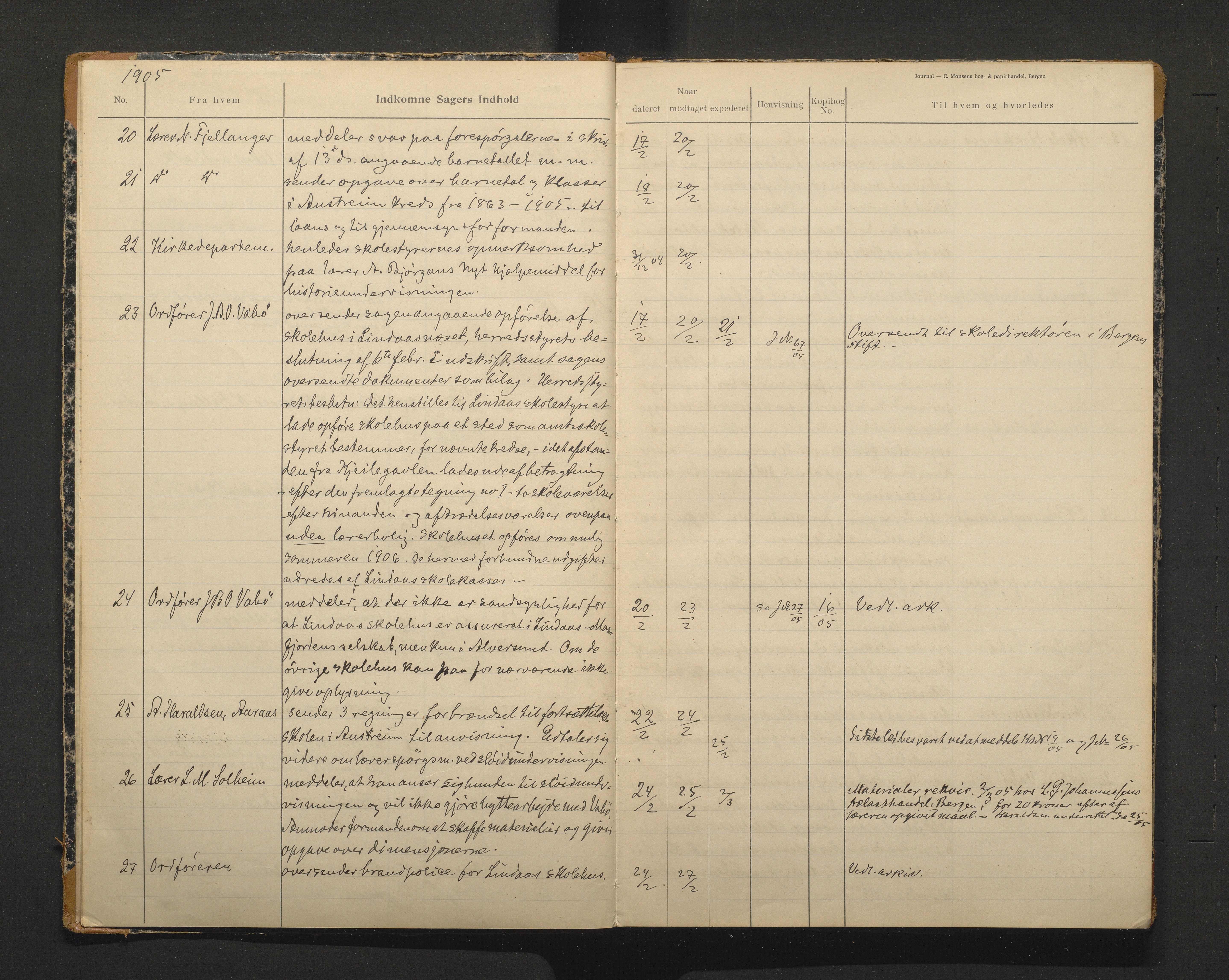 Lindås kommune. Skulestyret, IKAH/1263-211/C/Ca/L0002: Postjournal for Lindås skulestyre, 1905-1908
