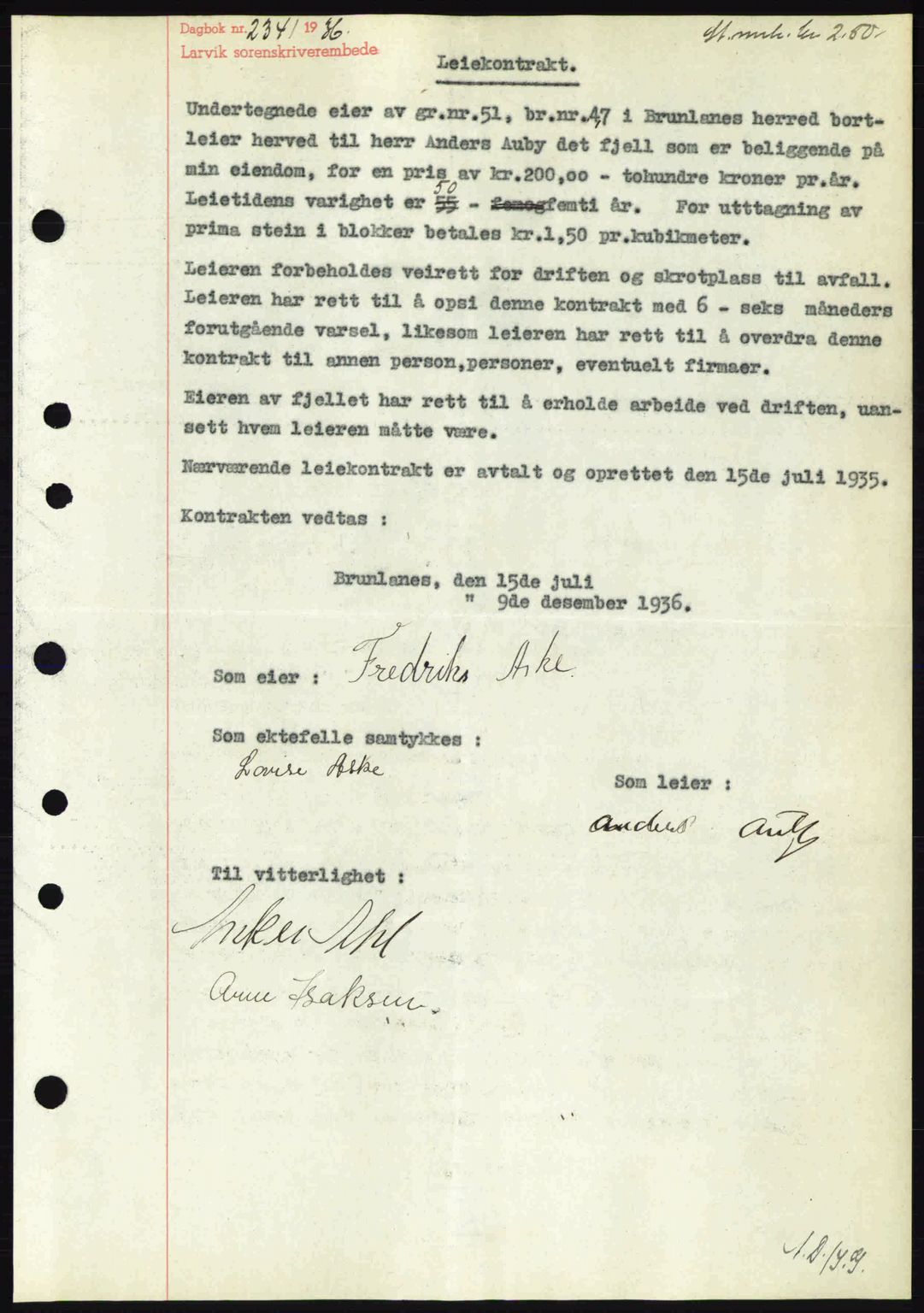 Larvik sorenskriveri, SAKO/A-83/G/Ga/Gab/L0067: Mortgage book no. A-1, 1936-1937, Diary no: : 2341/1936