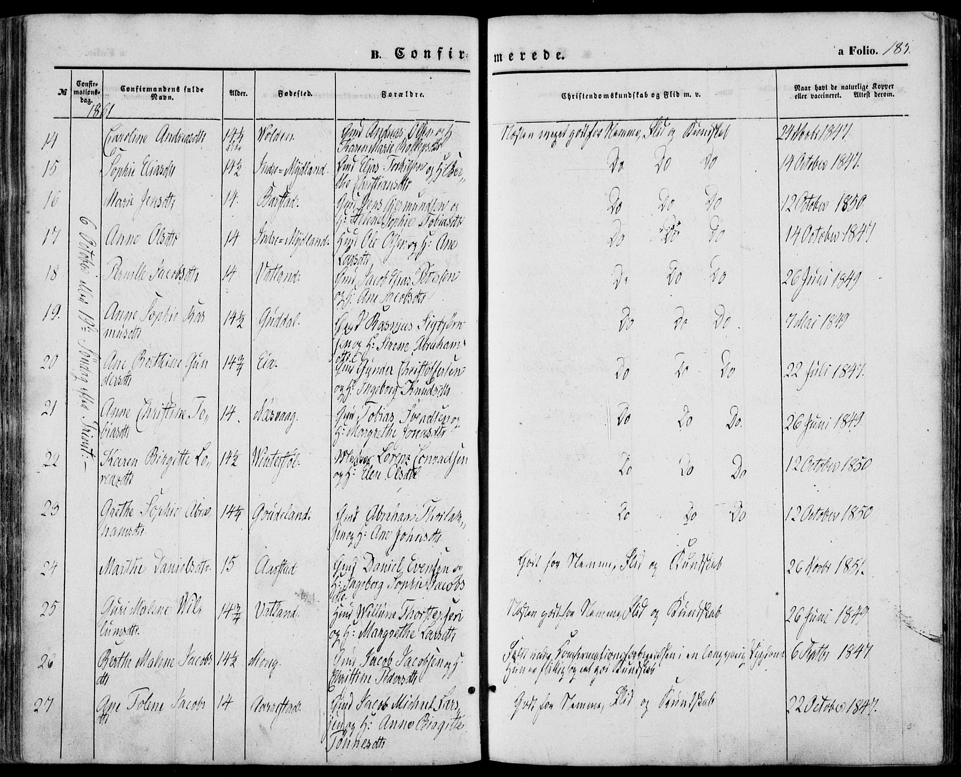 Sokndal sokneprestkontor, AV/SAST-A-101808: Parish register (official) no. A 9, 1857-1874, p. 185