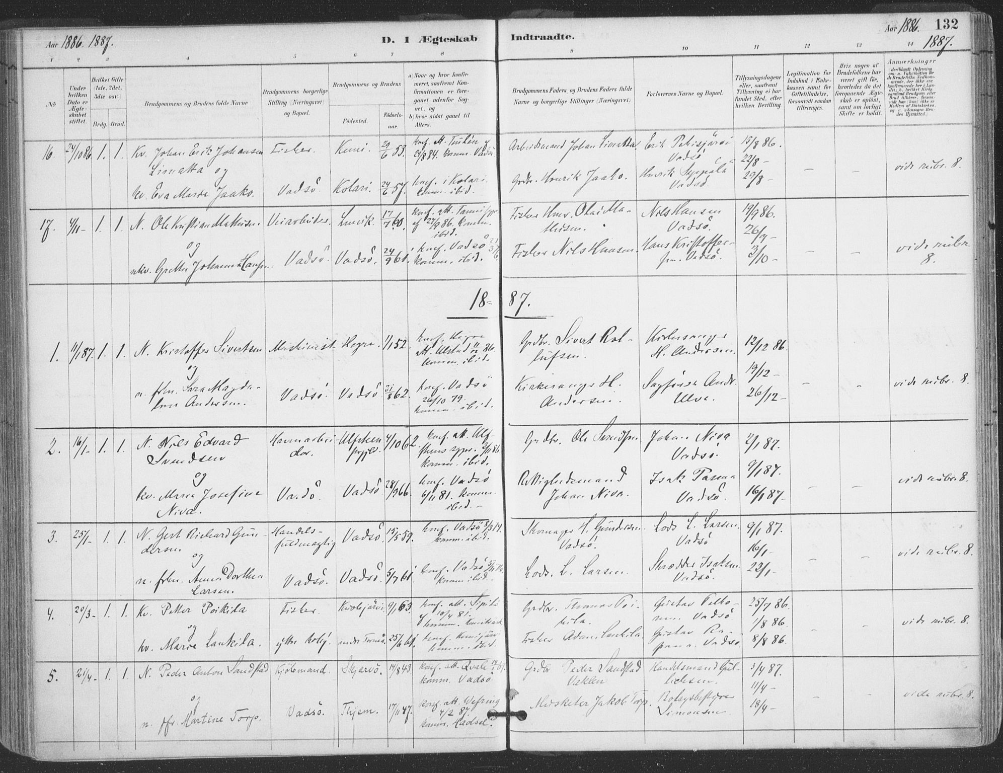 Vadsø sokneprestkontor, SATØ/S-1325/H/Ha/L0006kirke: Parish register (official) no. 6, 1885-1895, p. 132