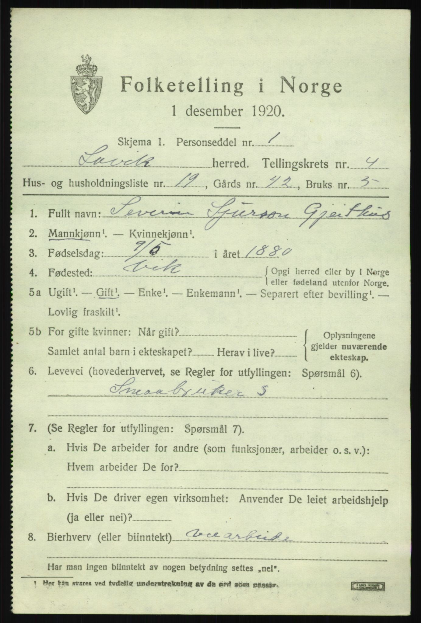 SAB, 1920 census for Lavik, 1920, p. 916