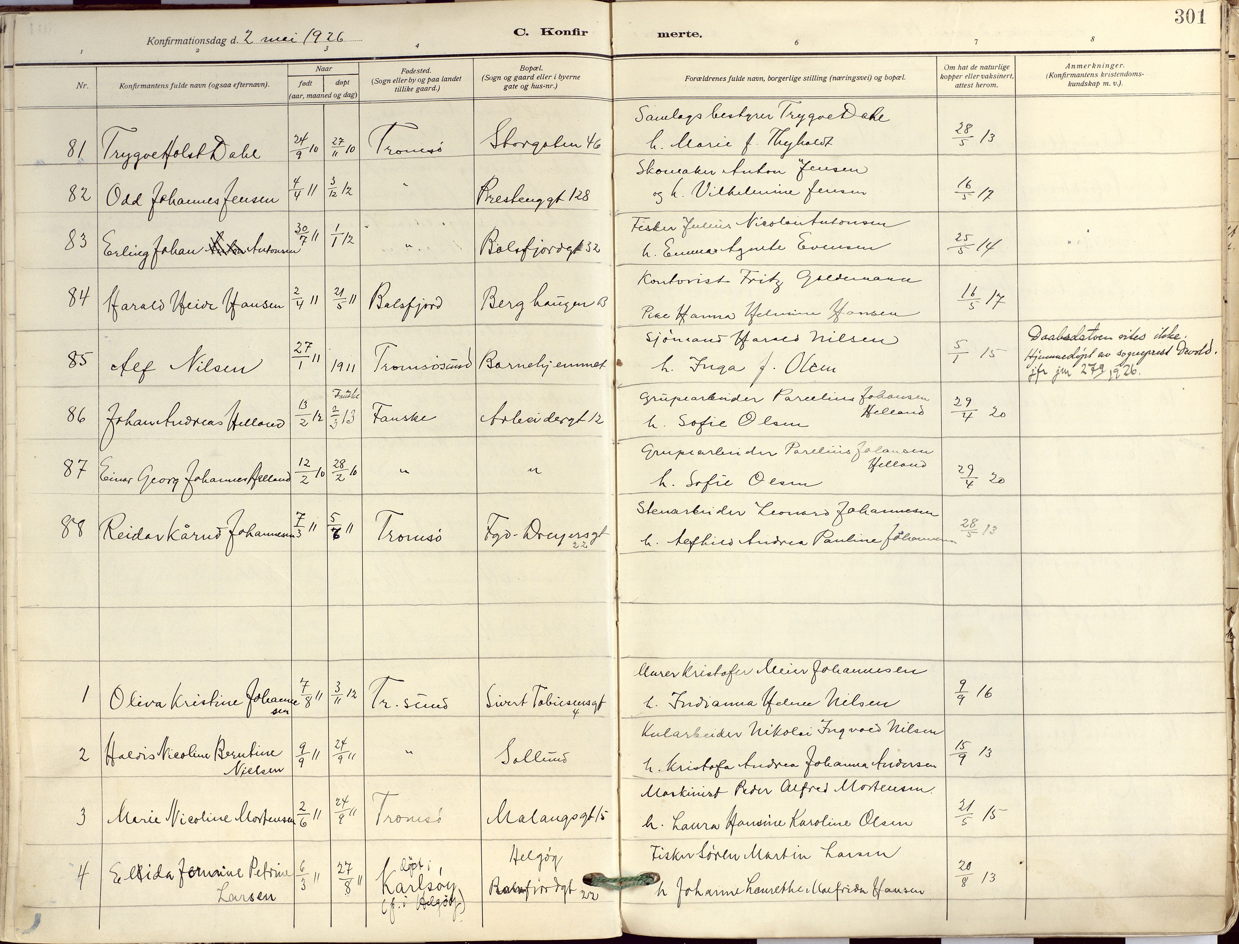 Tromsø sokneprestkontor/stiftsprosti/domprosti, AV/SATØ-S-1343/G/Ga/L0019kirke: Parish register (official) no. 19, 1917-1927, p. 301