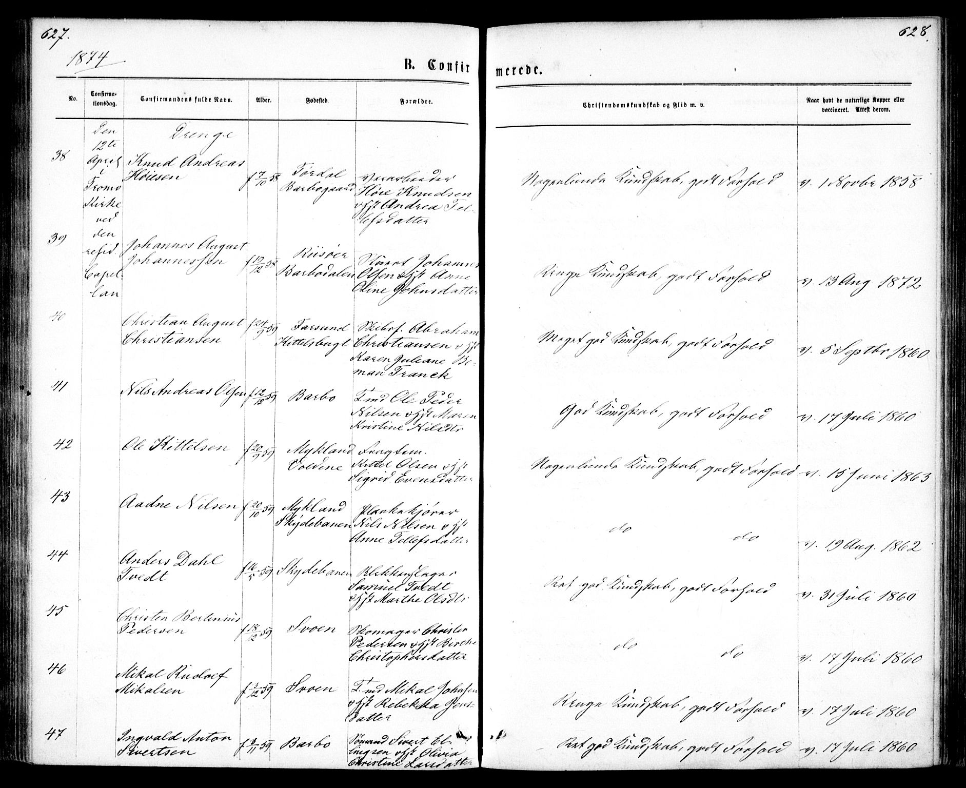 Tromøy sokneprestkontor, AV/SAK-1111-0041/F/Fa/L0008: Parish register (official) no. A 8, 1870-1877, p. 627-628