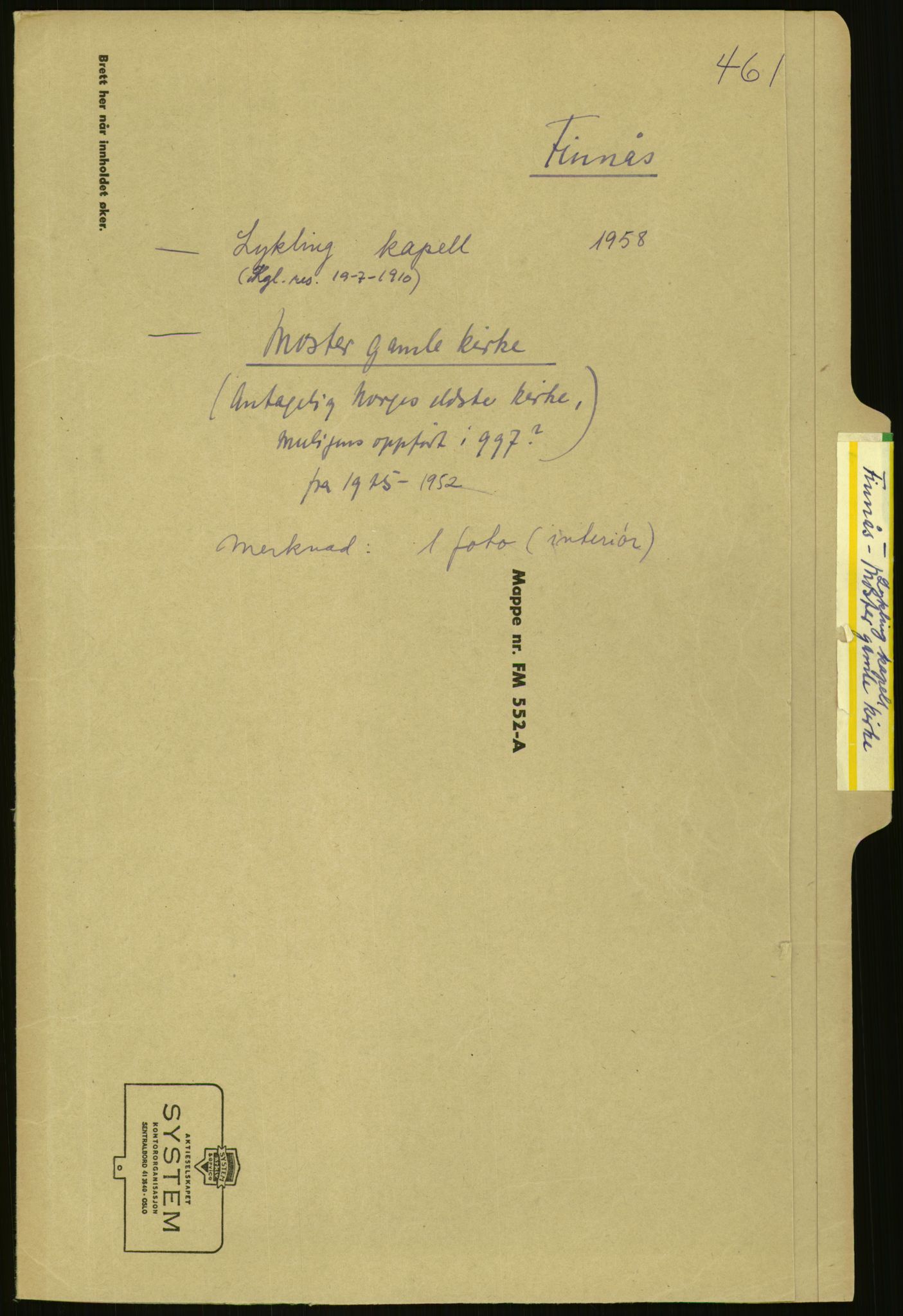 Kirke- og undervisningsdepartementet, Kontoret  for kirke og geistlighet A, AV/RA-S-1007/F/Fb/L0024: Finnås (gml. Føyen) - Fiskum se Eiker, 1838-1961, p. 357