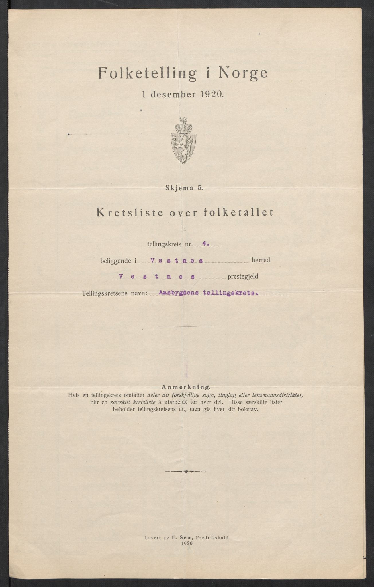 SAT, 1920 census for Vestnes, 1920, p. 16