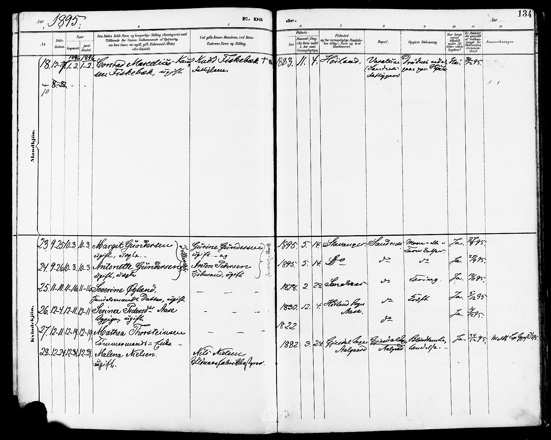 Høyland sokneprestkontor, AV/SAST-A-101799/001/30BA/L0014: Parish register (official) no. A 12, 1890-1898, p. 134