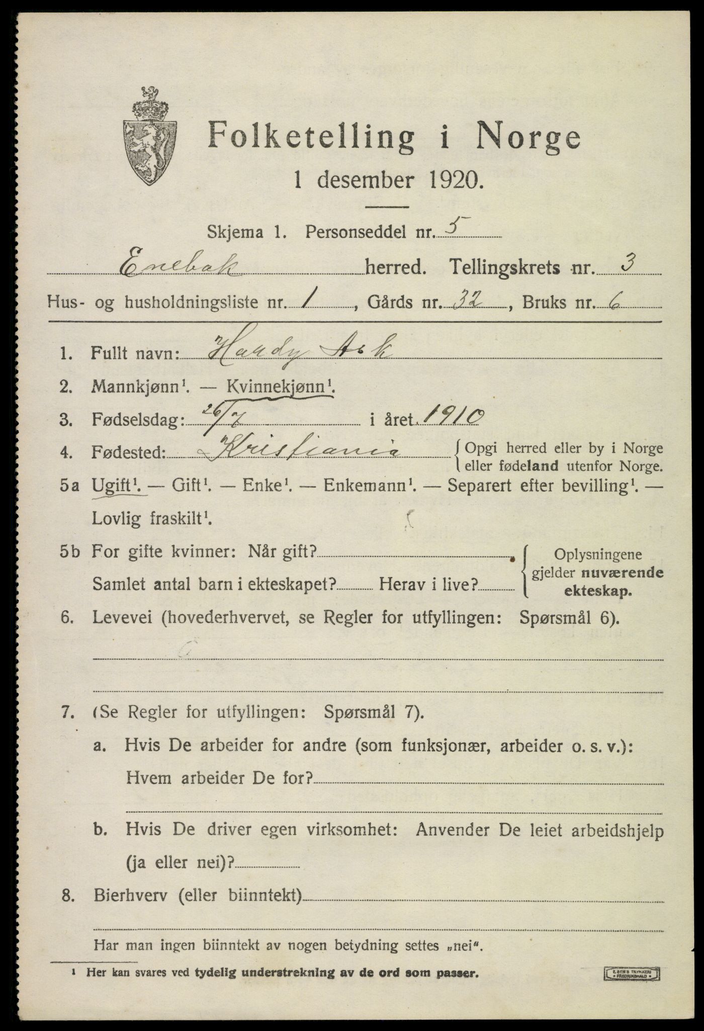 SAO, 1920 census for Enebakk, 1920, p. 2753