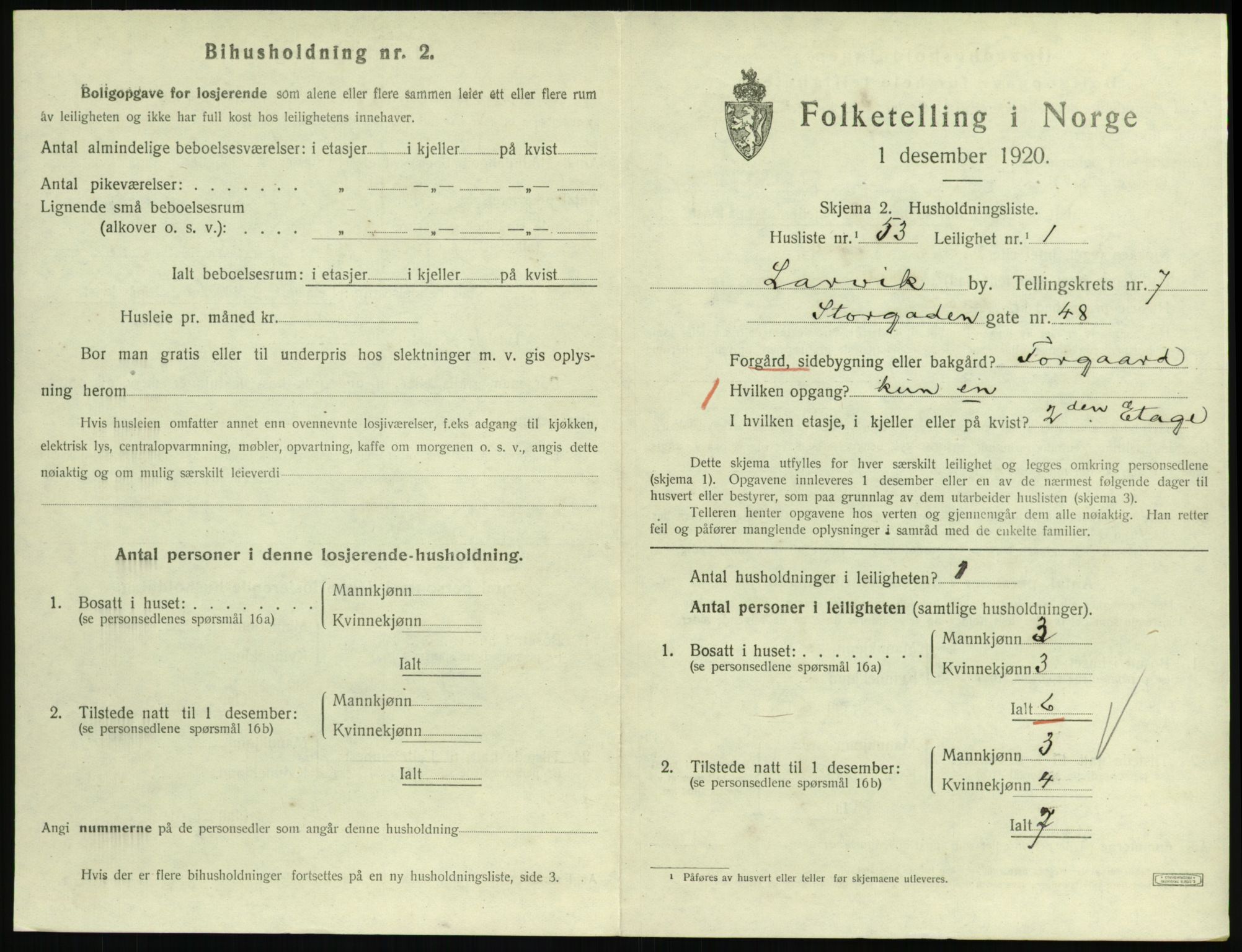 SAKO, 1920 census for Larvik, 1920, p. 6154