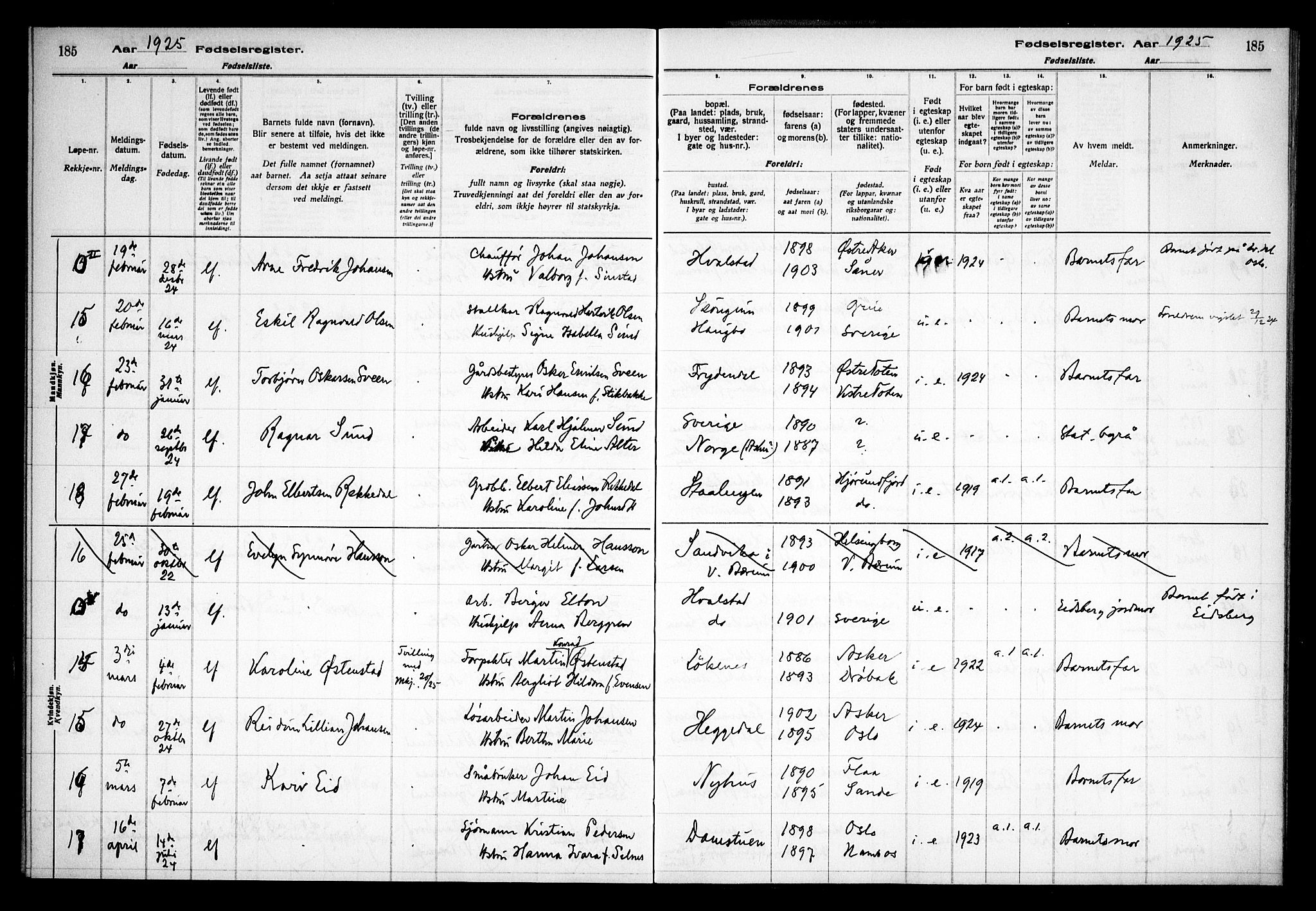 Asker prestekontor Kirkebøker, AV/SAO-A-10256a/J/L0001: Birth register no. 1, 1916-1925, p. 185