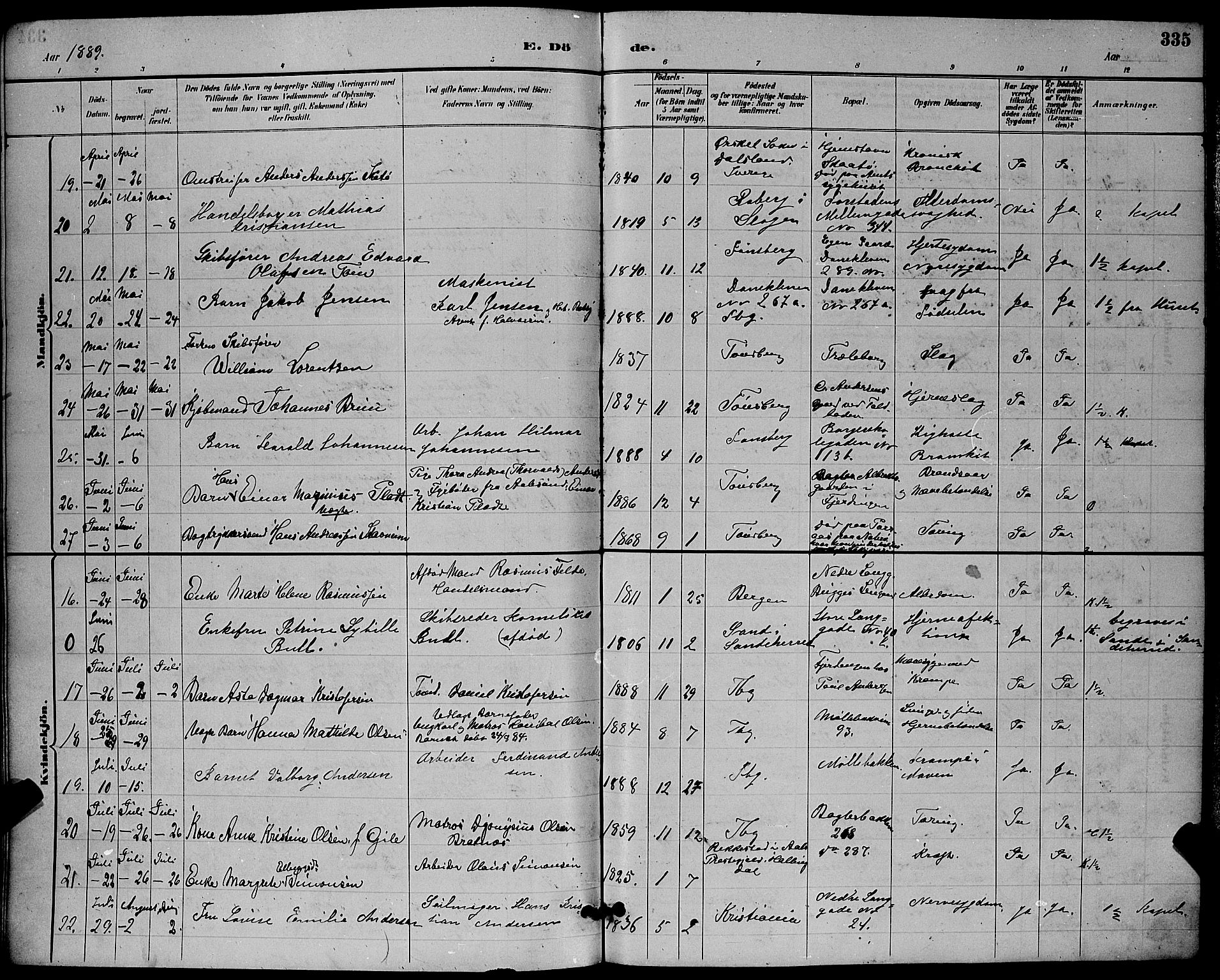 Tønsberg kirkebøker, SAKO/A-330/G/Ga/L0006: Parish register (copy) no. 6, 1885-1895, p. 335