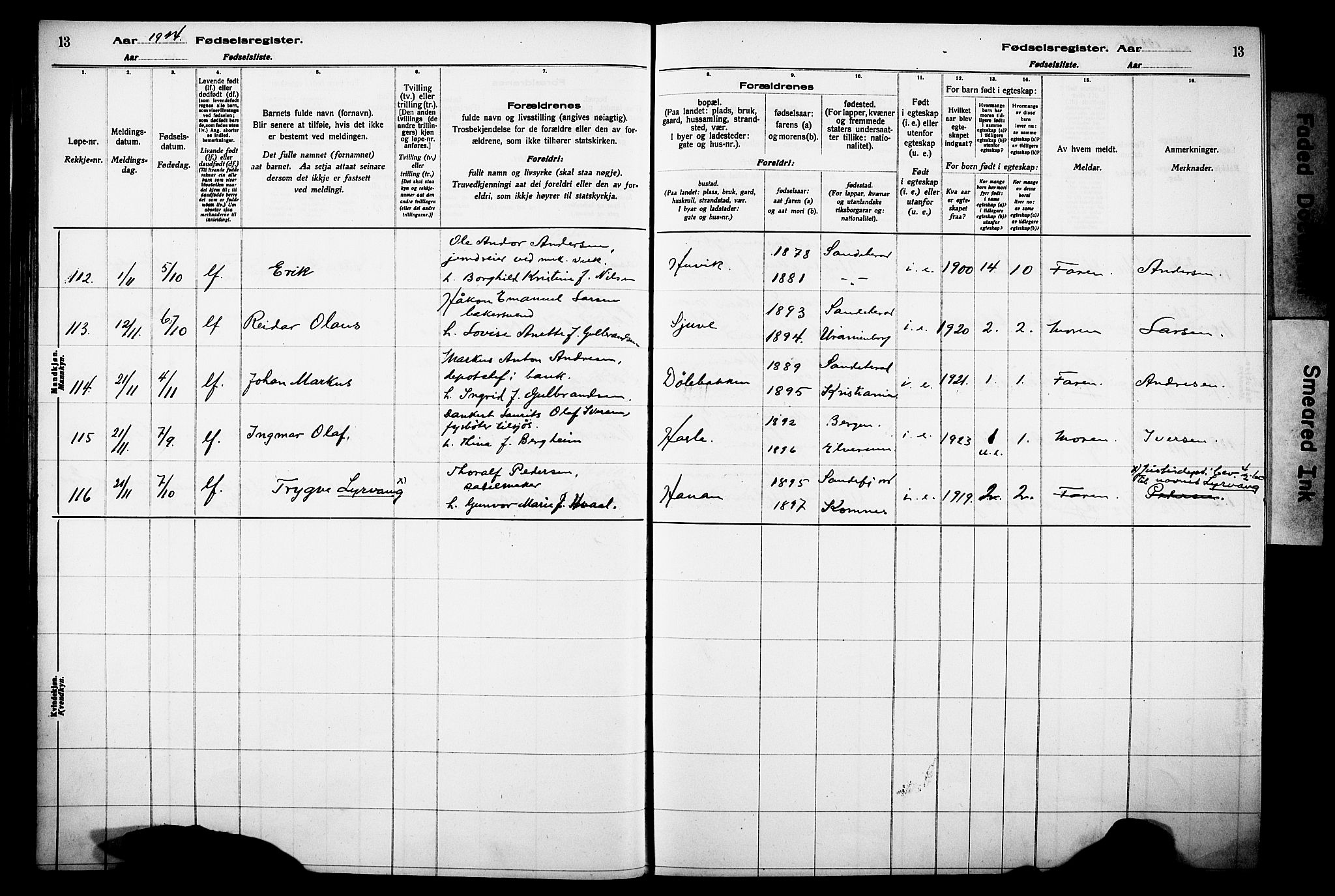 Sandar kirkebøker, AV/SAKO-A-243/J/Ja/L0002: Birth register no. 2, 1922-1929, p. 13