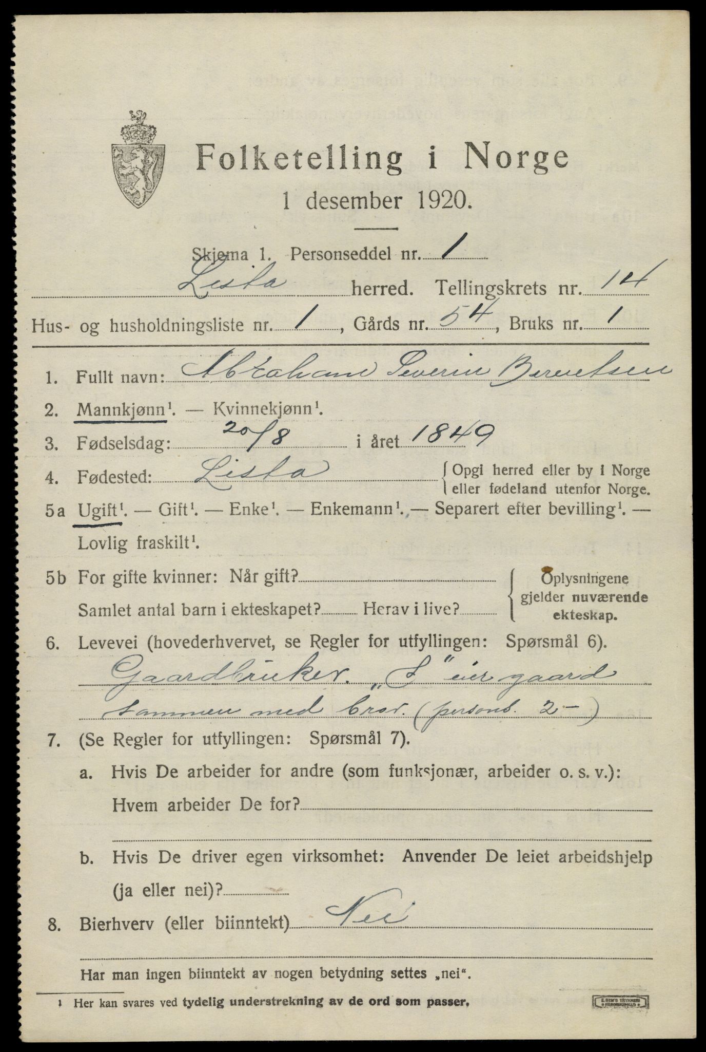 SAK, 1920 census for Lista, 1920, p. 12087