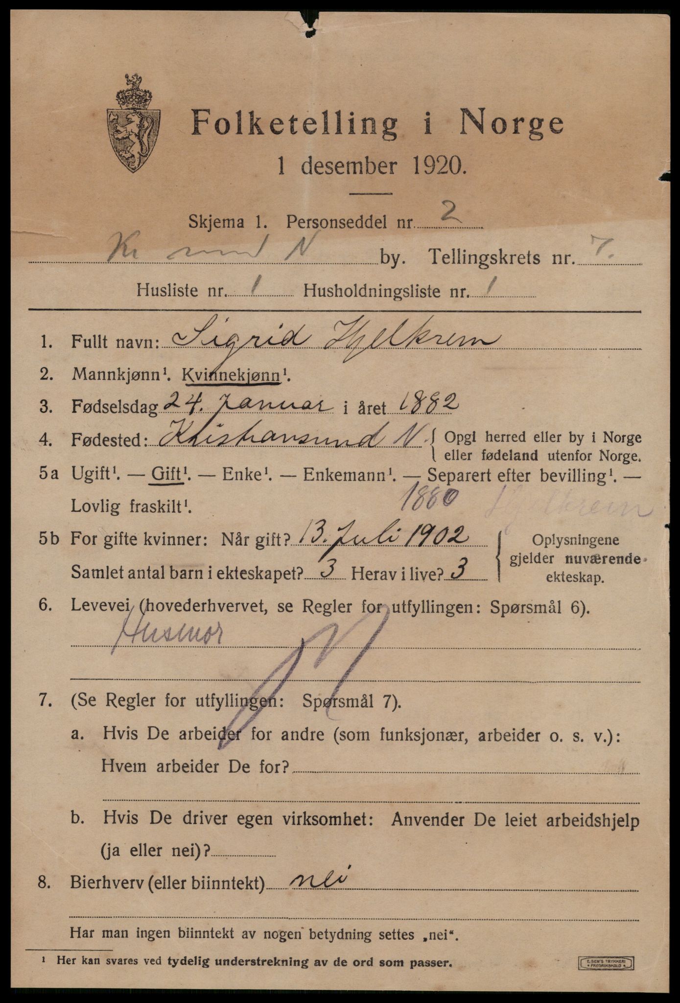 SAT, 1920 census for Kristiansund, 1920, p. 18065