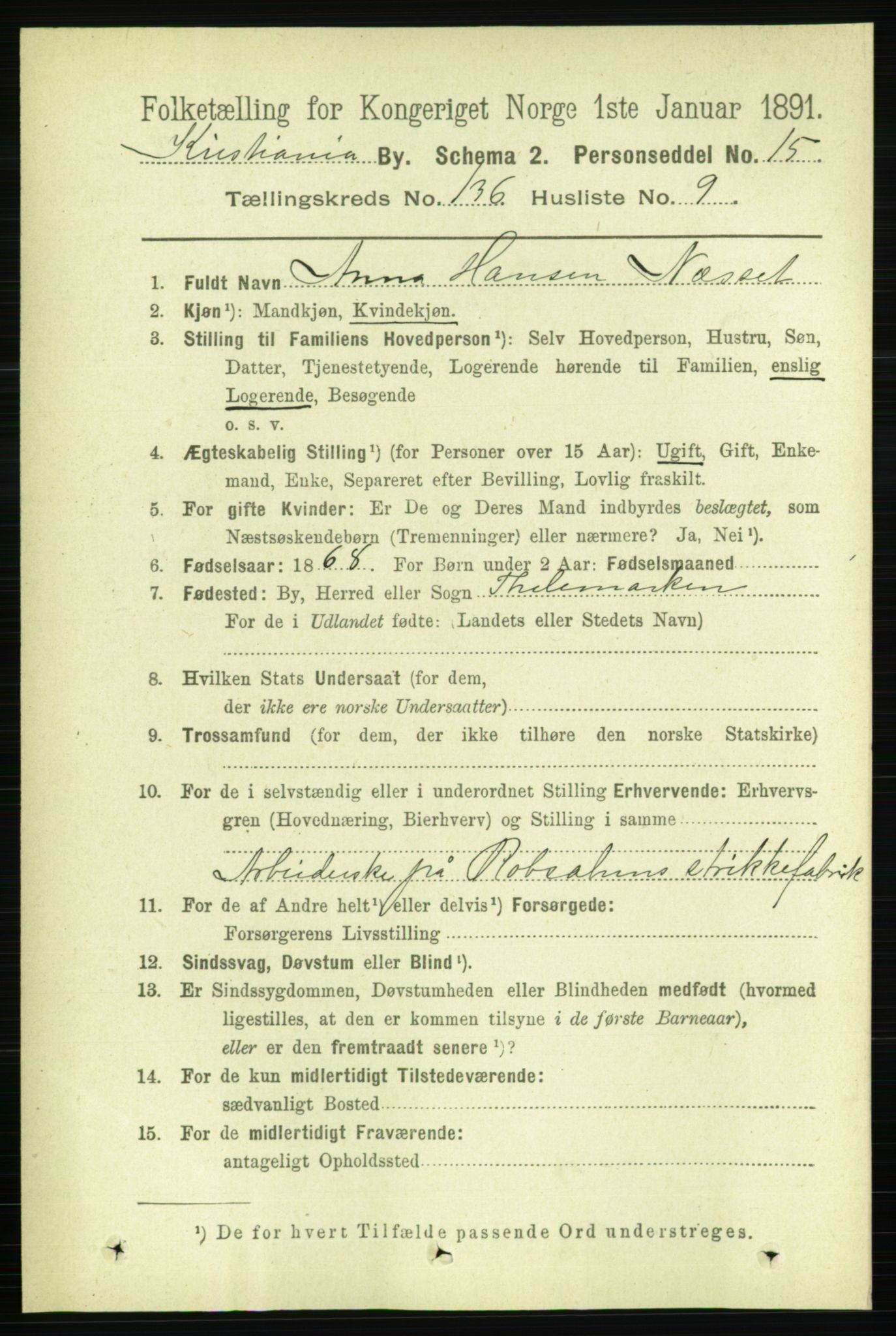 RA, 1891 census for 0301 Kristiania, 1891, p. 75485