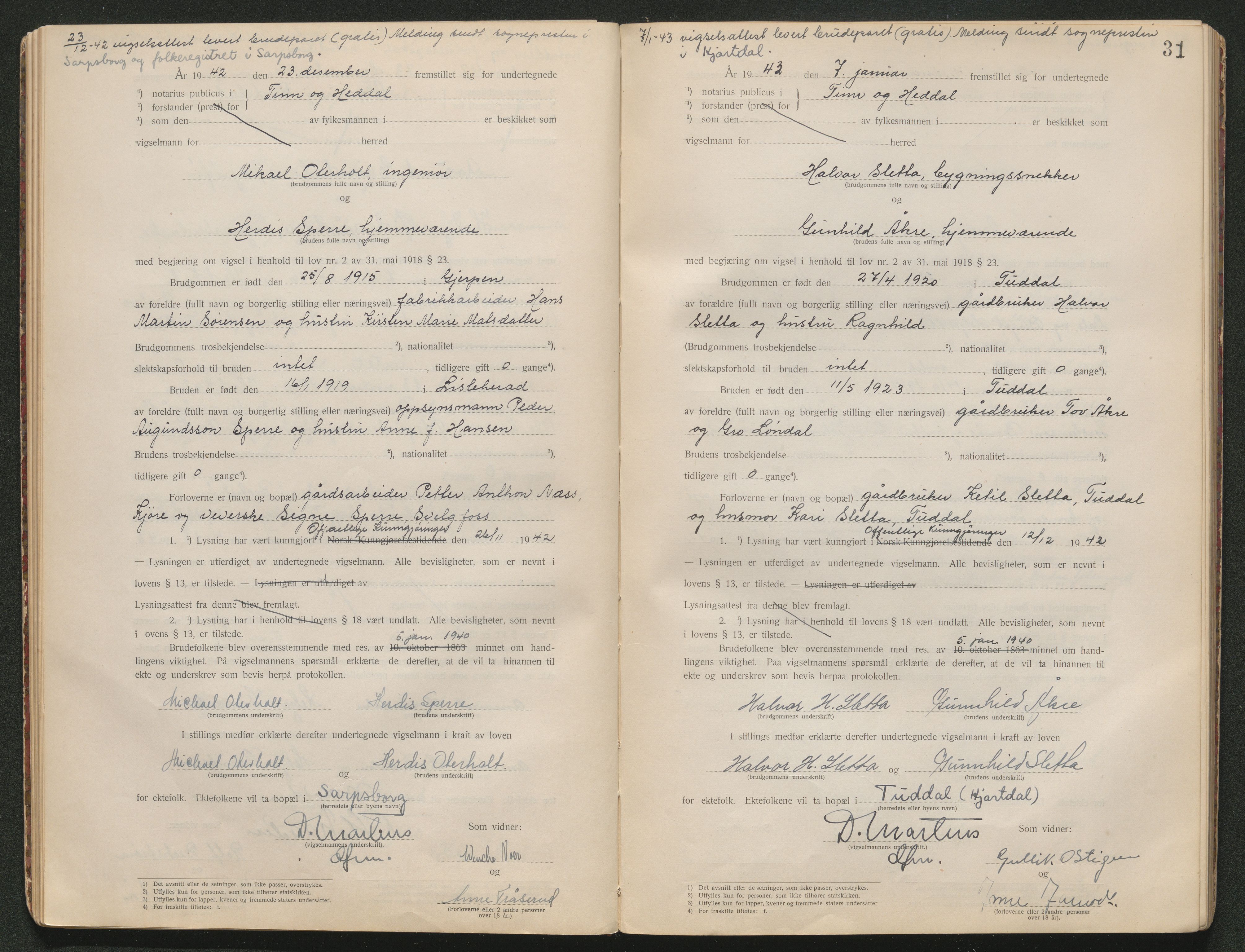 Tinn og Heddal sorenskriveri, AV/SAKO-A-212/L/La/L0003: Vigselsbok - , 1920-1945, p. 31