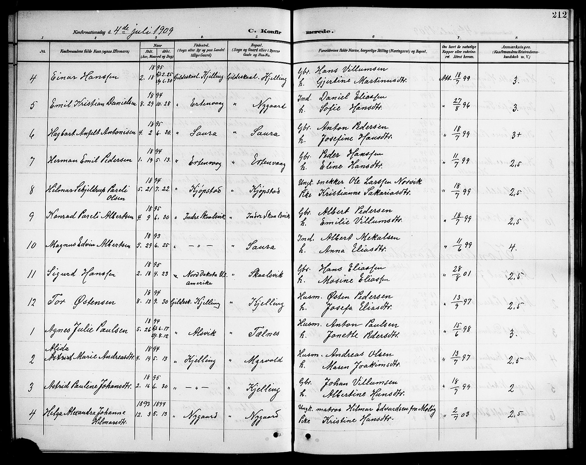 Ministerialprotokoller, klokkerbøker og fødselsregistre - Nordland, AV/SAT-A-1459/805/L0109: Parish register (copy) no. 805C05, 1900-1911, p. 212