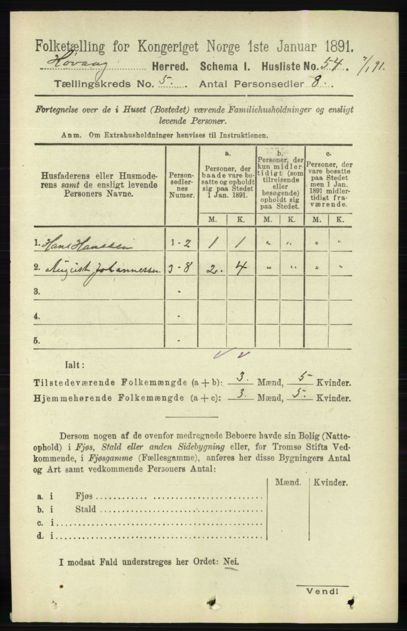 RA, 1891 census for 0927 Høvåg, 1891, p. 1839