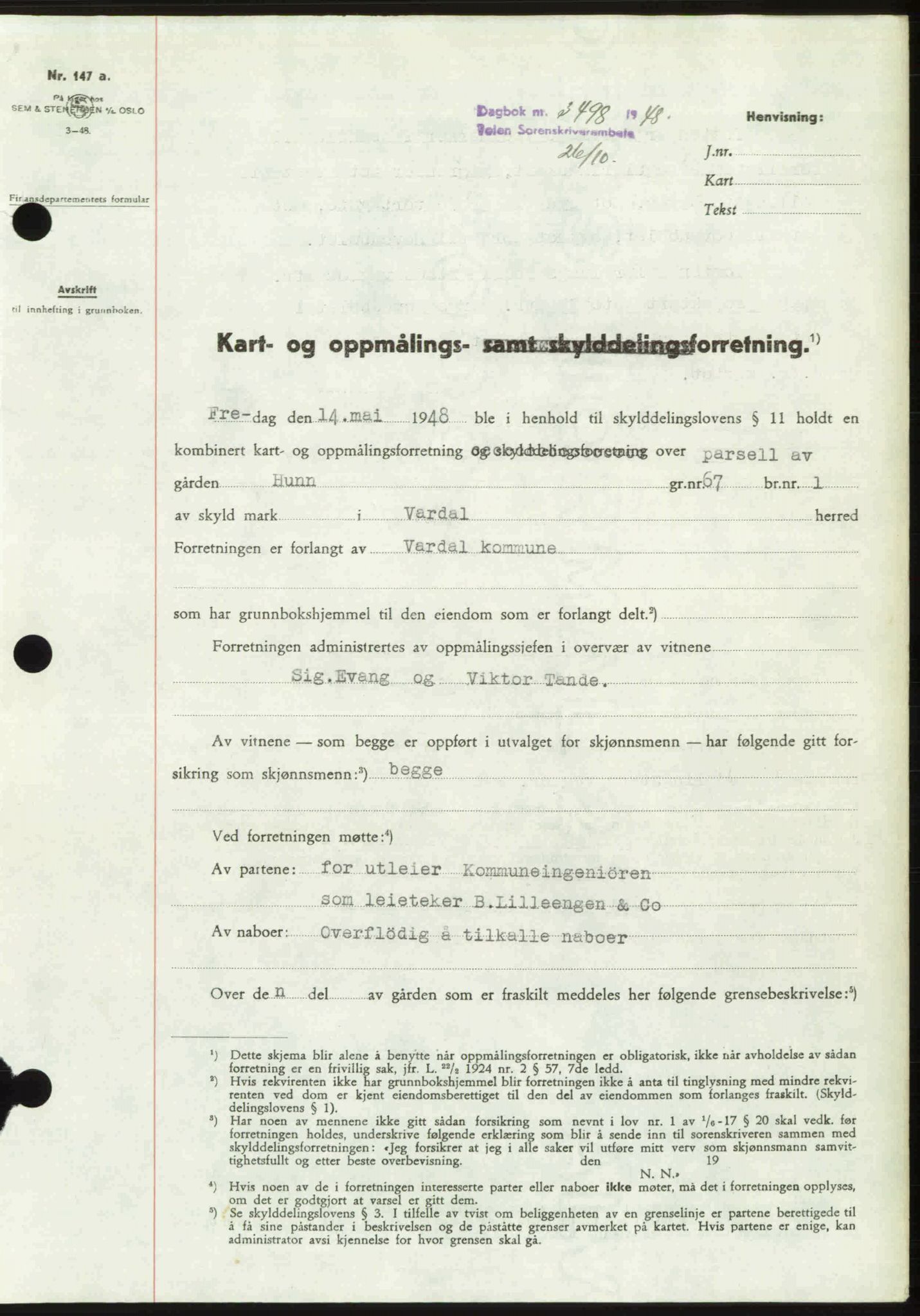 Toten tingrett, SAH/TING-006/H/Hb/Hbc/L0020: Mortgage book no. Hbc-20, 1948-1948, Diary no: : 3498/1948
