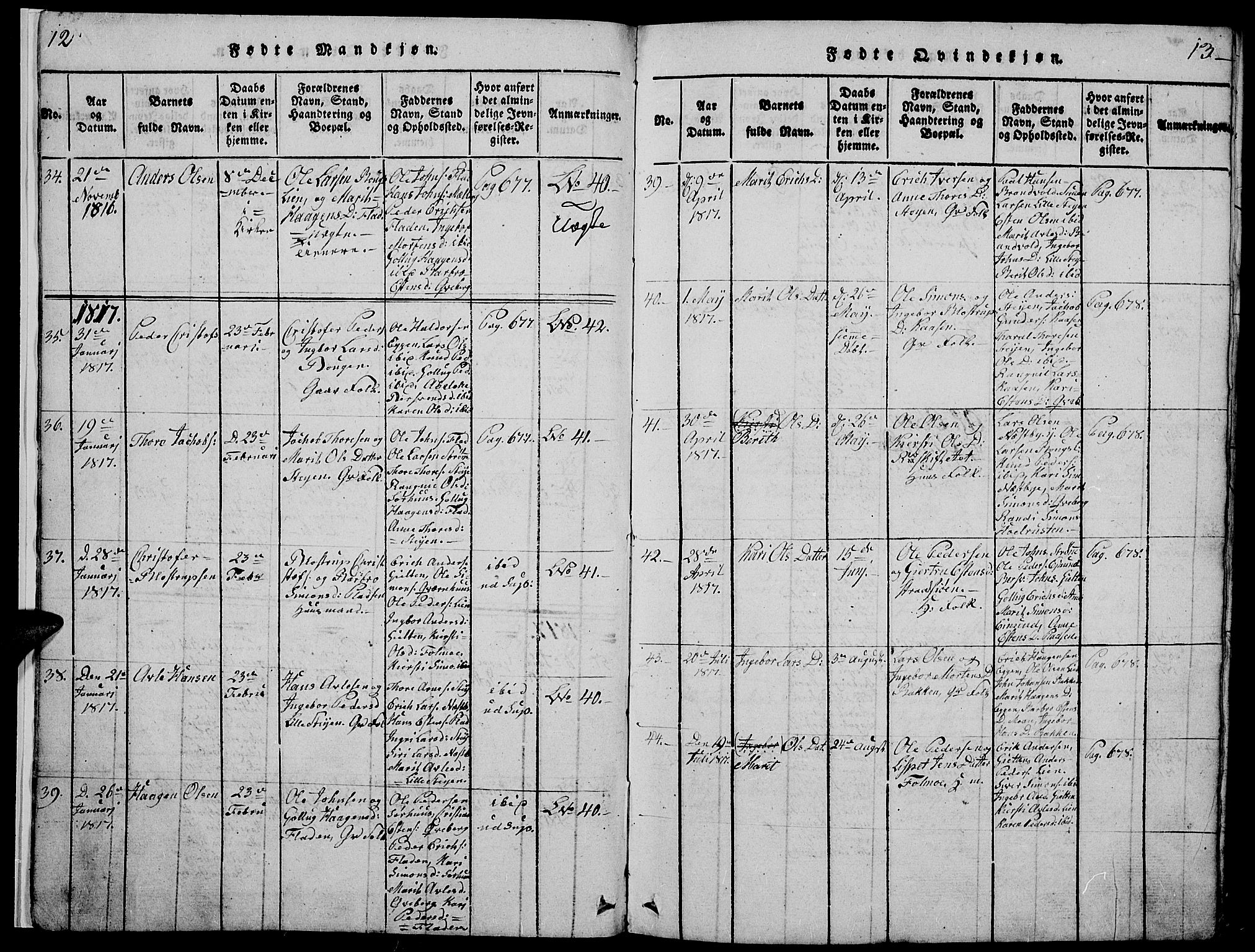 Tynset prestekontor, SAH/PREST-058/H/Ha/Hab/L0002: Parish register (copy) no. 2, 1814-1862, p. 12-13
