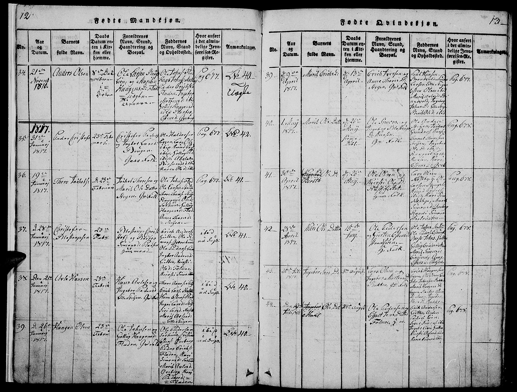 Tynset prestekontor, AV/SAH-PREST-058/H/Ha/Hab/L0002: Parish register (copy) no. 2, 1814-1862, p. 12-13