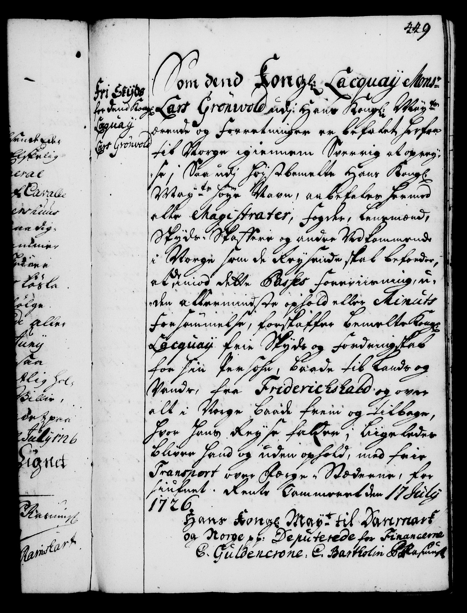 Rentekammeret, Kammerkanselliet, RA/EA-3111/G/Gg/Gga/L0002: Norsk ekspedisjonsprotokoll med register (merket RK 53.2), 1723-1727, p. 449