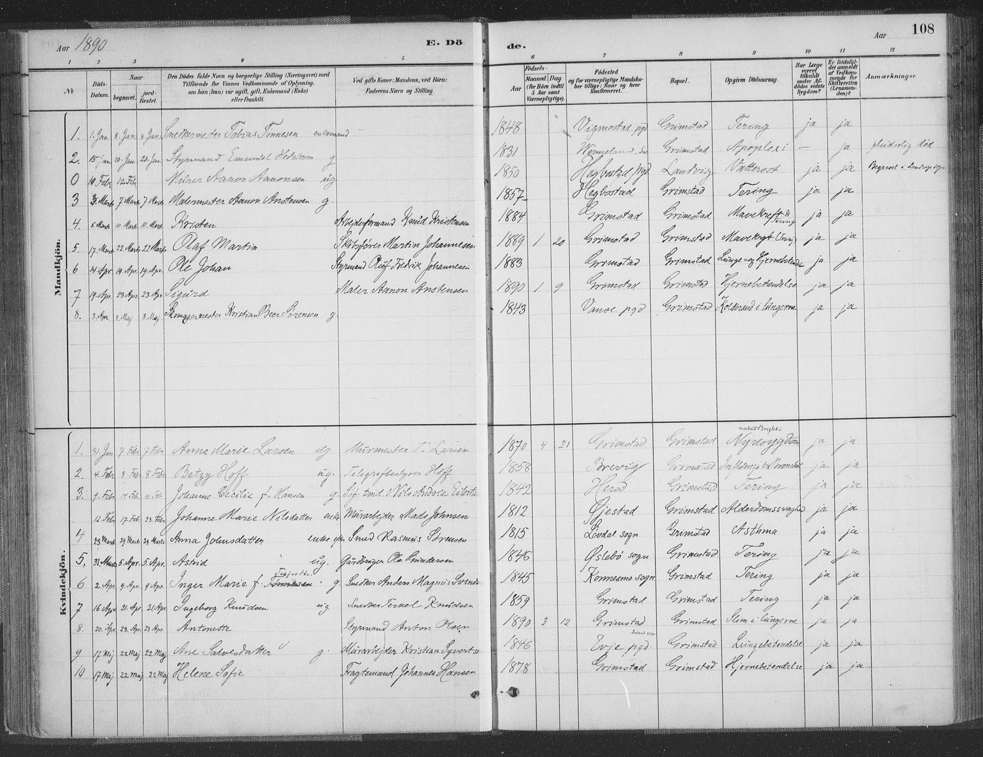 Grimstad sokneprestkontor, SAK/1111-0017/F/Fa/L0004: Parish register (official) no. A 3, 1882-1910, p. 108