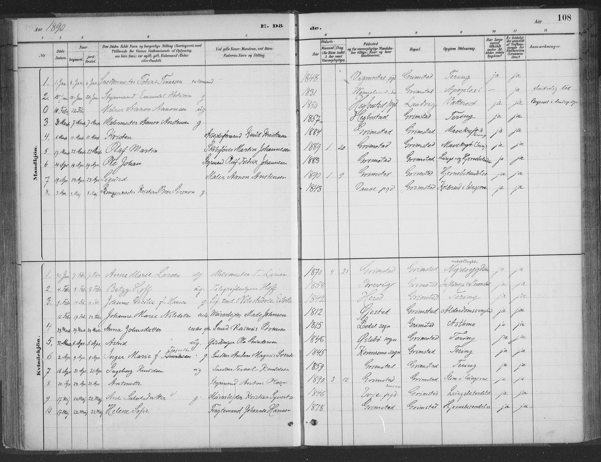 Grimstad sokneprestkontor, AV/SAK-1111-0017/F/Fa/L0004: Parish register (official) no. A 3, 1882-1910, p. 108