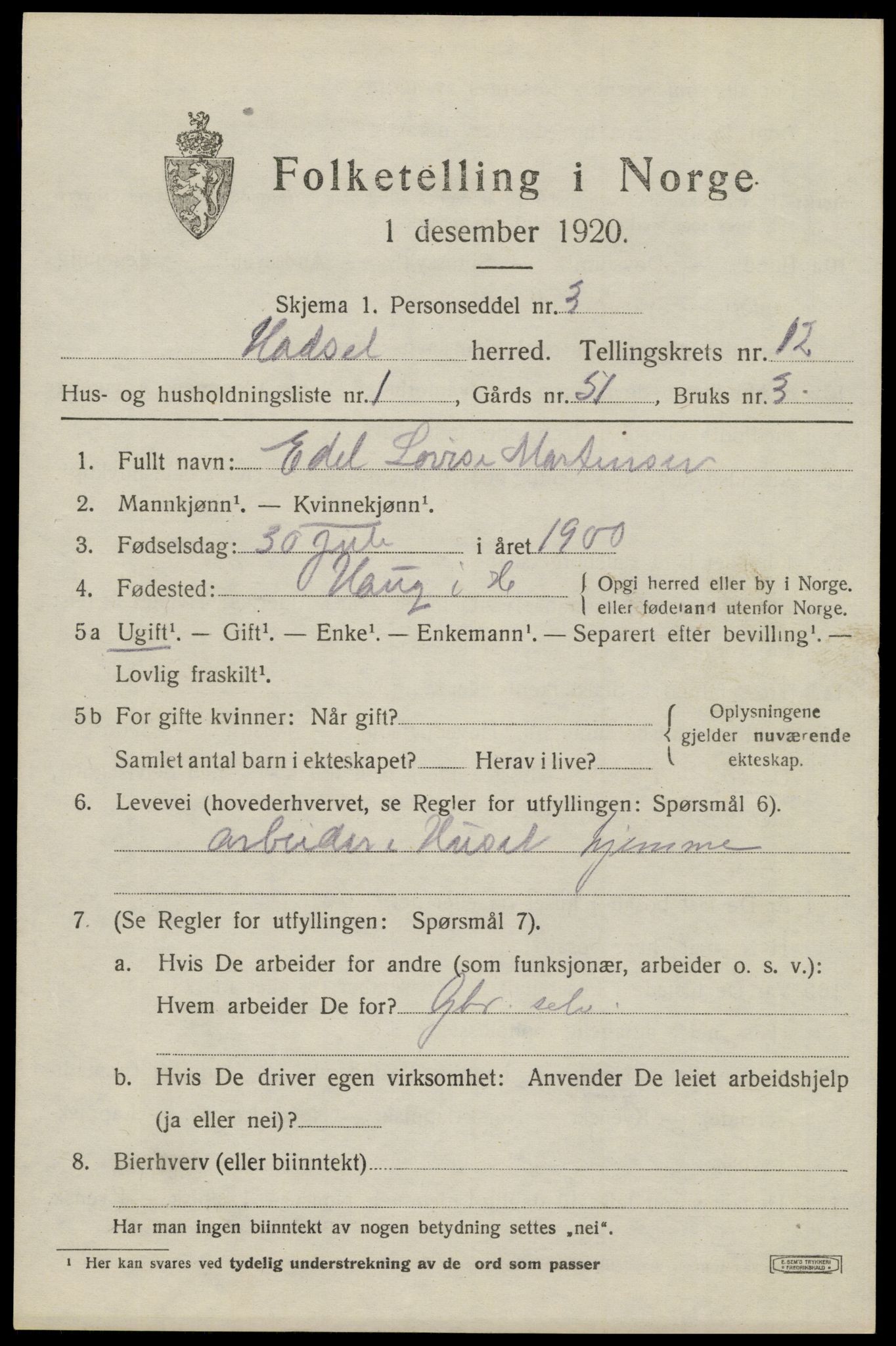 SAT, 1920 census for Hadsel, 1920, p. 9086