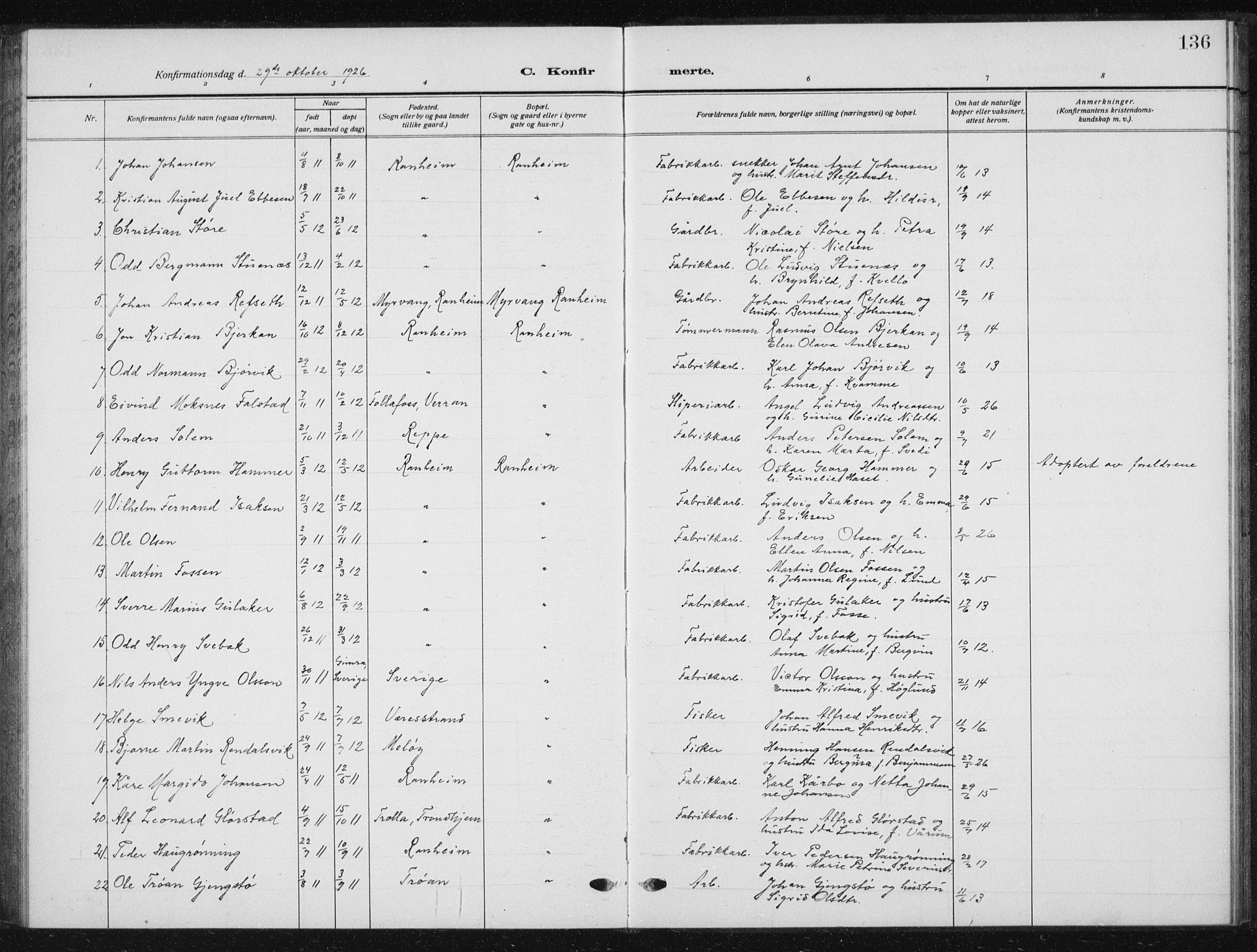 Ministerialprotokoller, klokkerbøker og fødselsregistre - Sør-Trøndelag, SAT/A-1456/615/L0401: Parish register (copy) no. 615C02, 1922-1941, p. 136