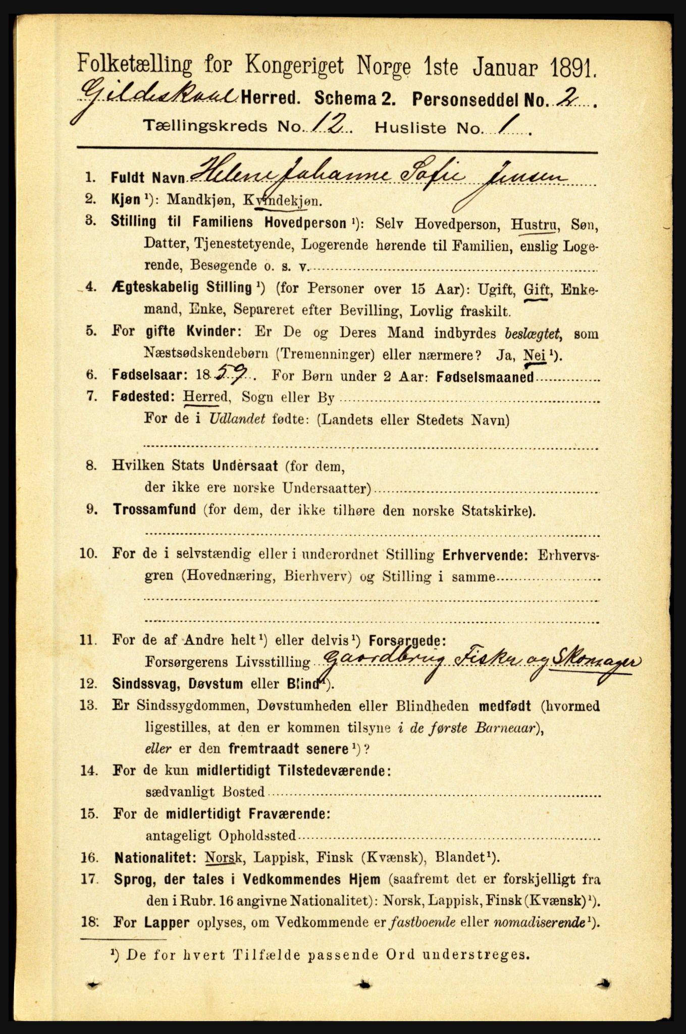 RA, 1891 census for 1838 Gildeskål, 1891, p. 3705