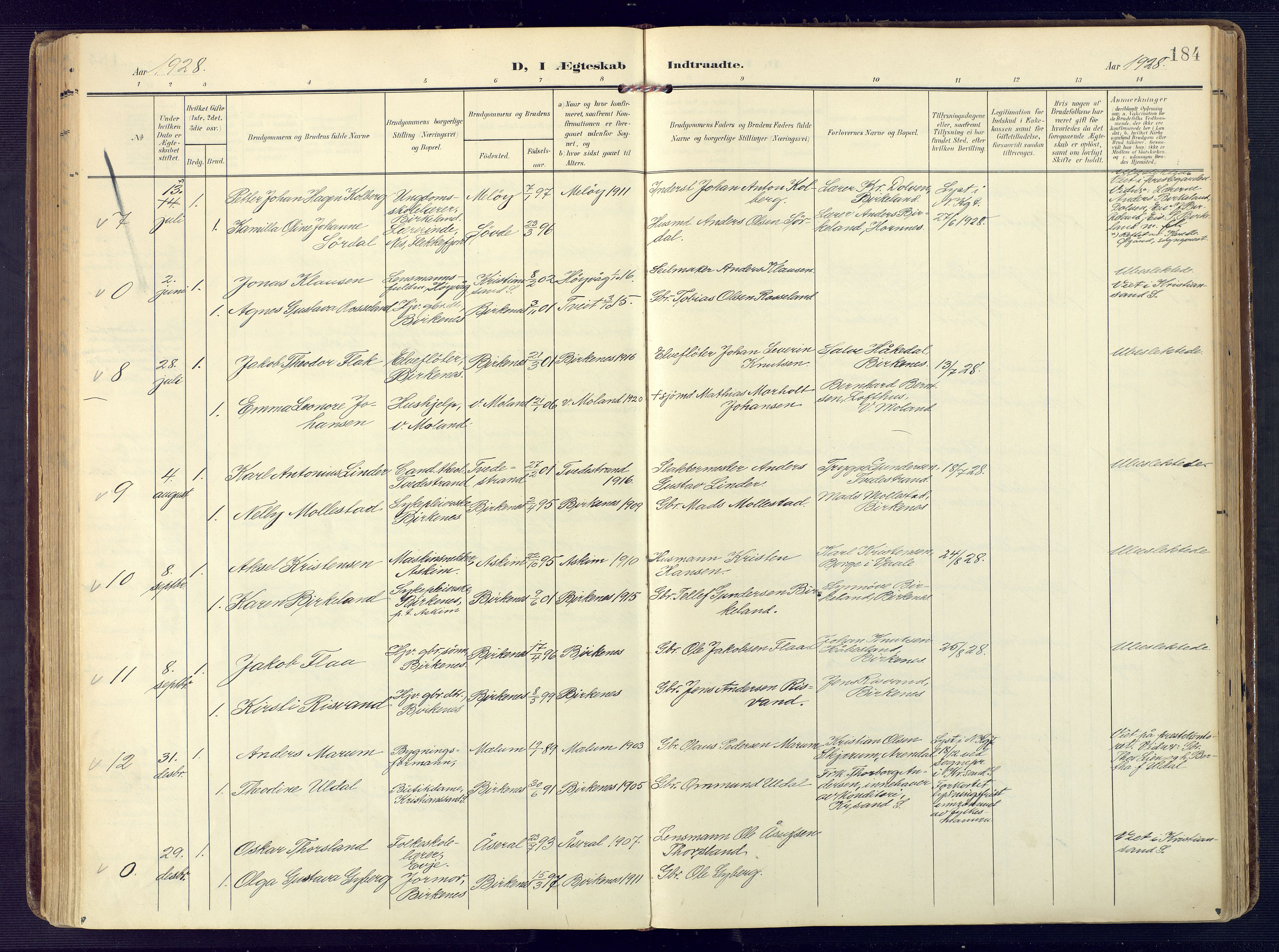 Birkenes sokneprestkontor, SAK/1111-0004/F/Fa/L0006: Parish register (official) no. A 6, 1908-1932, p. 184