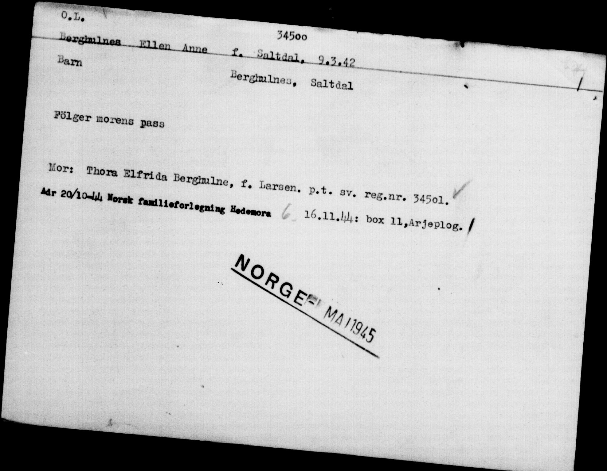 Utenriksstasjonene, Legasjonen i Stockholm, Flyktningkontoret, AV/RA-S-6753/V/Va/L0013: Kjesäterkartoteket, flyktninger med registreringsnr. 31500-34731, 1940-1945, p. 3162