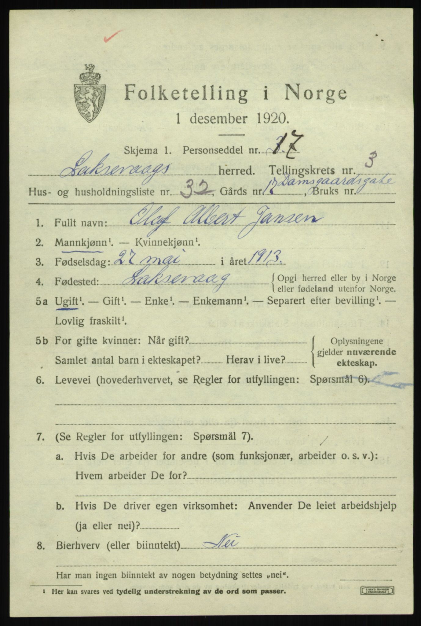 SAB, 1920 census for Laksevåg, 1920, p. 8914